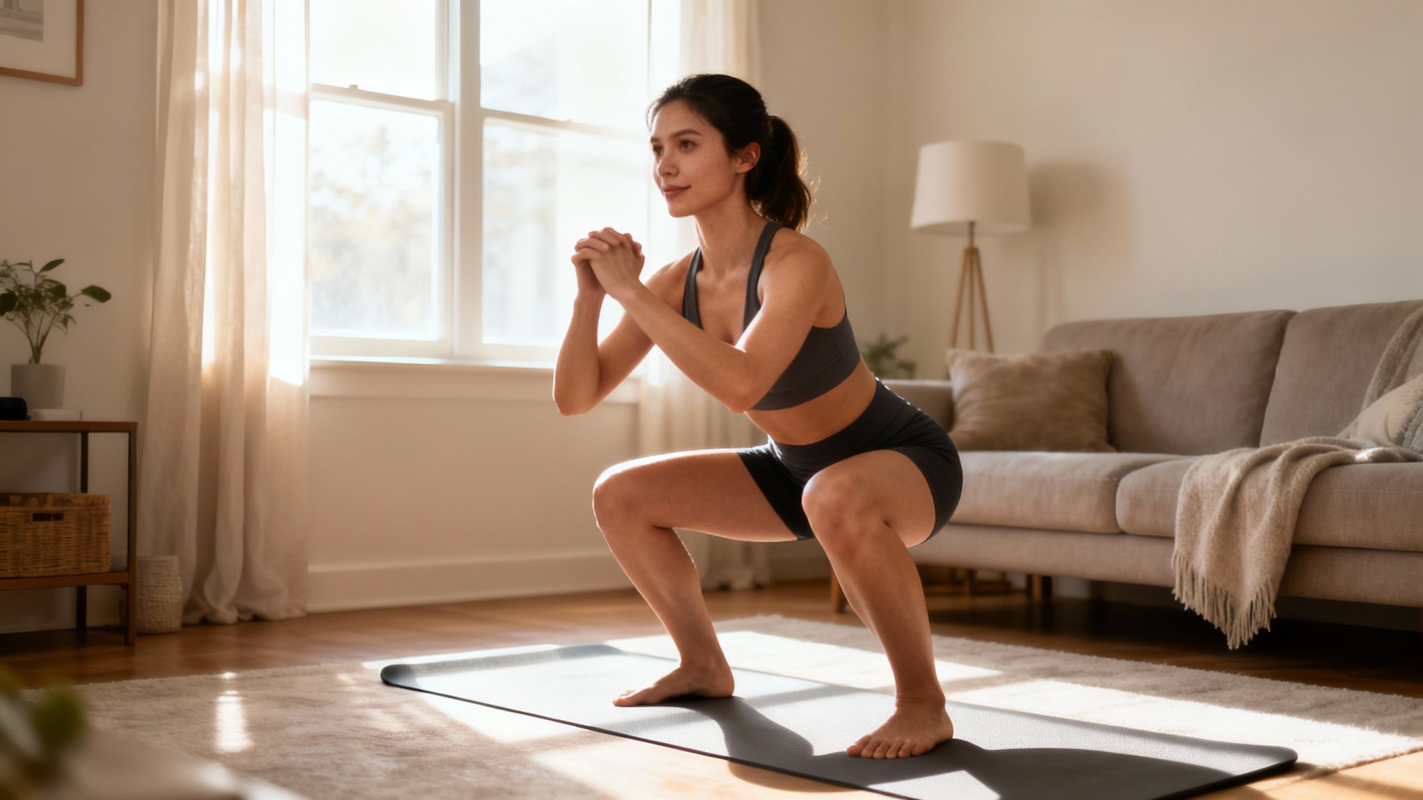 A fit woman in a sports bra and shorts performs squats on a yoga mat in a bright living room.