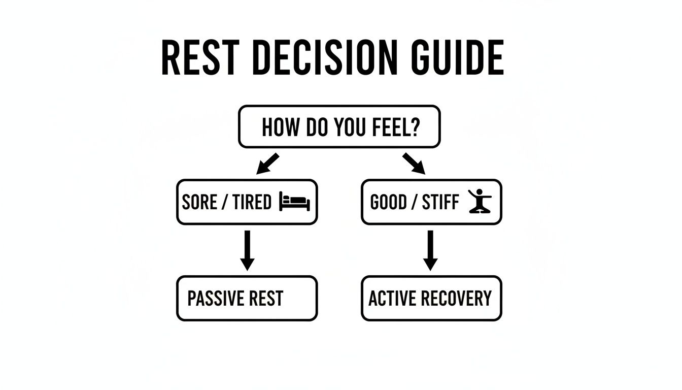 Flowchart: Rest Decision Guide. Guides choosing passive rest if sore/tired, or active recovery if good/stiff.