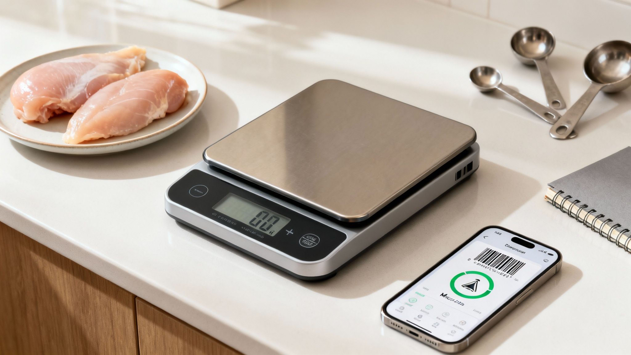 A kitchen counter with raw chicken breasts on a plate, a digital food scale, and a smartphone showing a food tracking app.