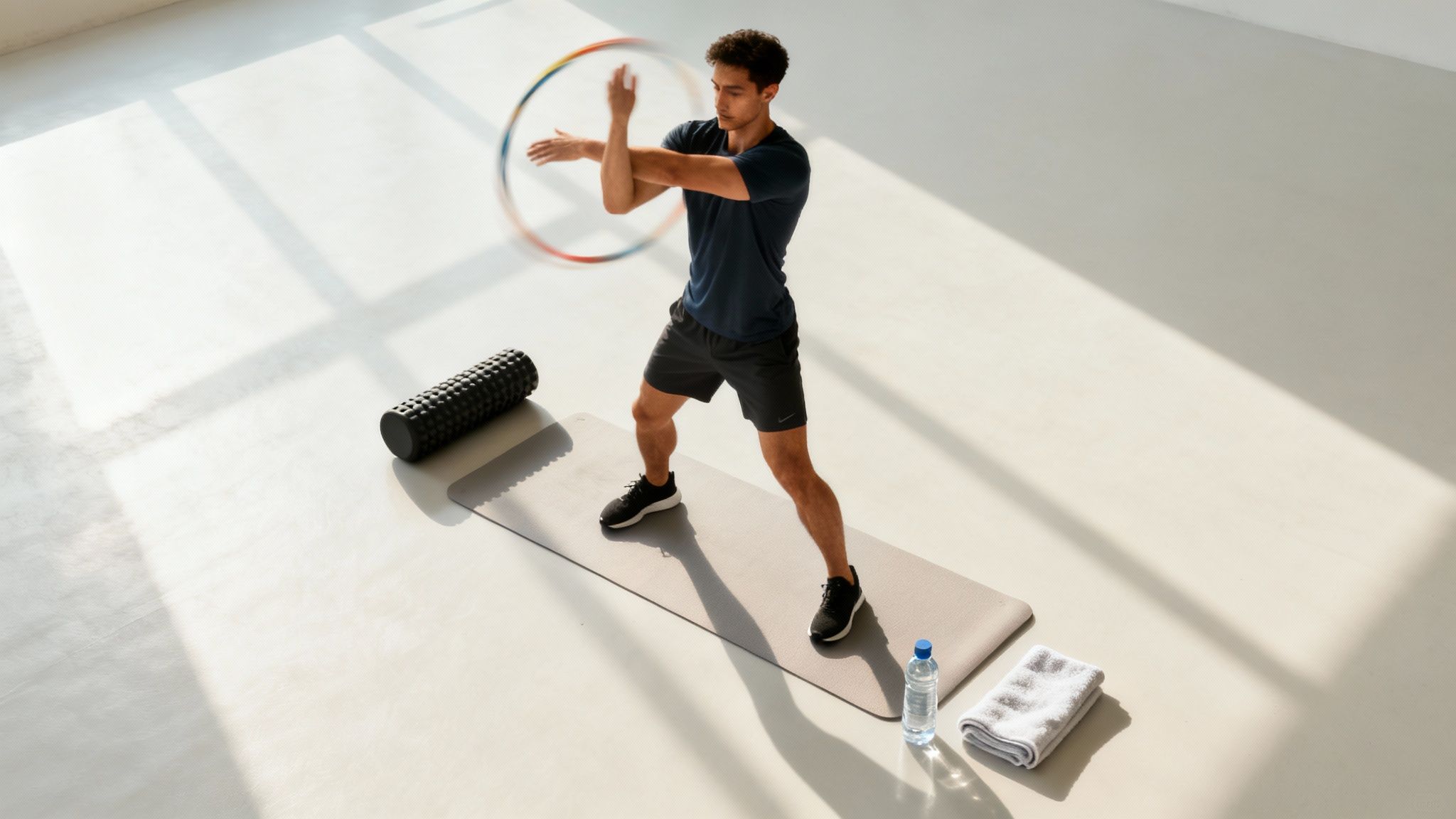 Man stretching arms with a hula hoop on a yoga mat, with exercise gear nearby.