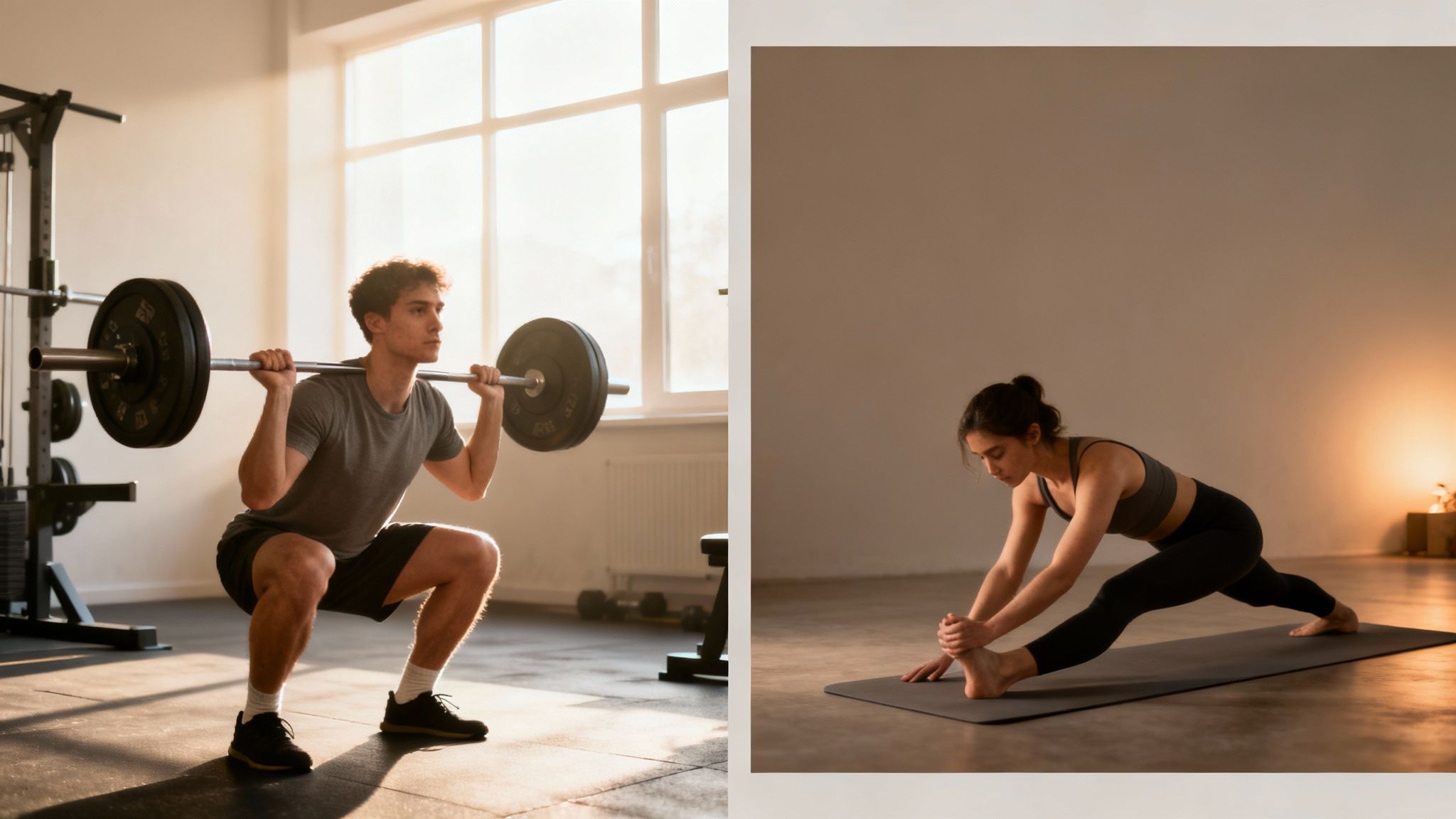 A man lifts weights and a woman stretches, both engaged in fitness activities.