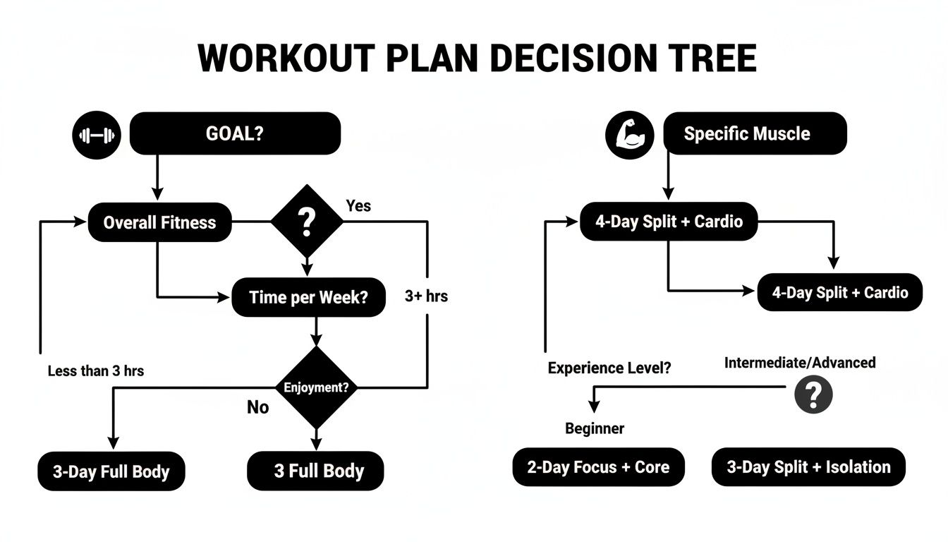 Workout plan decision tree diagram showing paths for overall fitness or specific muscle goals.