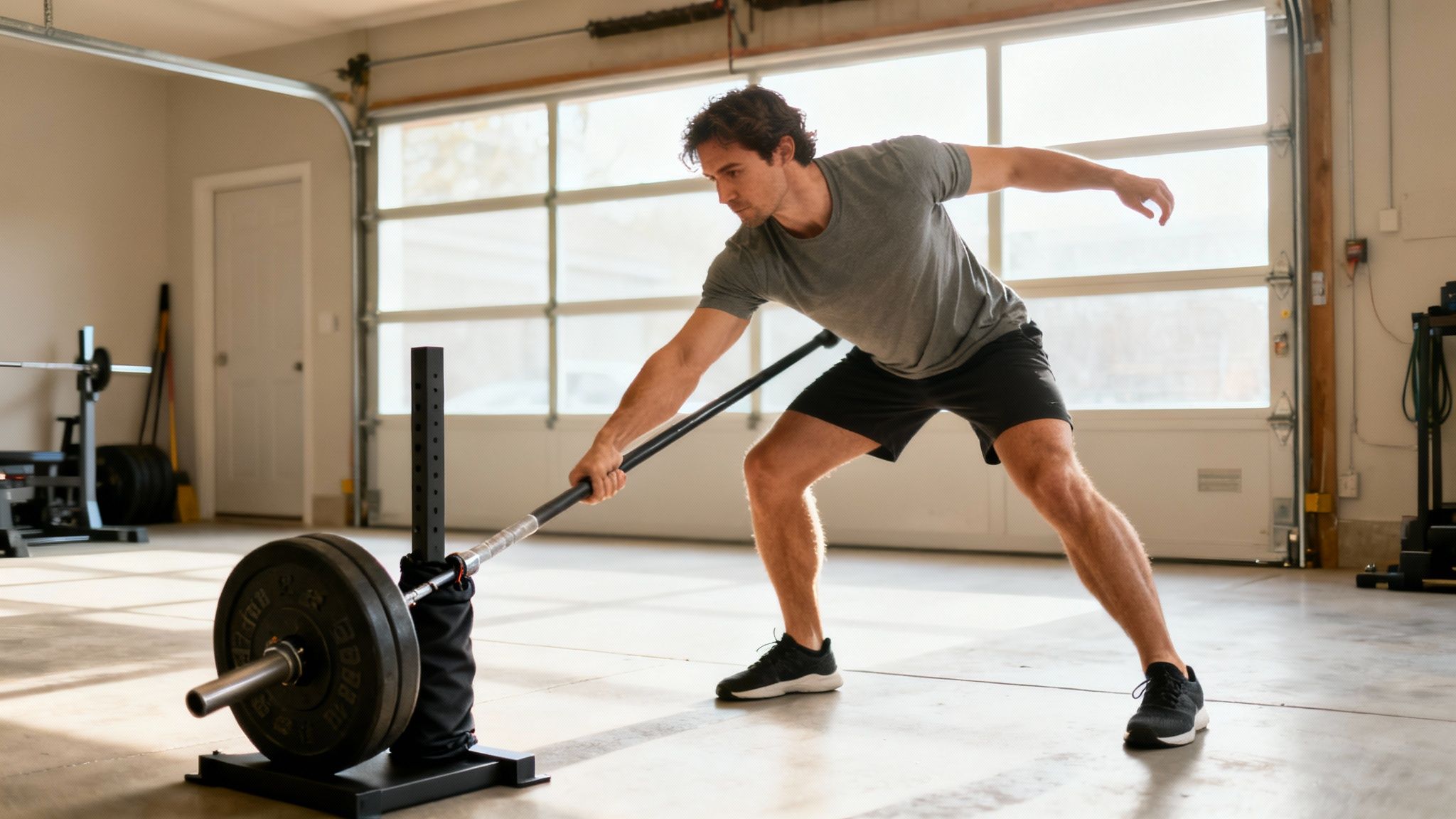 A fit man performing a landmine barbell exercise in a modern home garage gym.