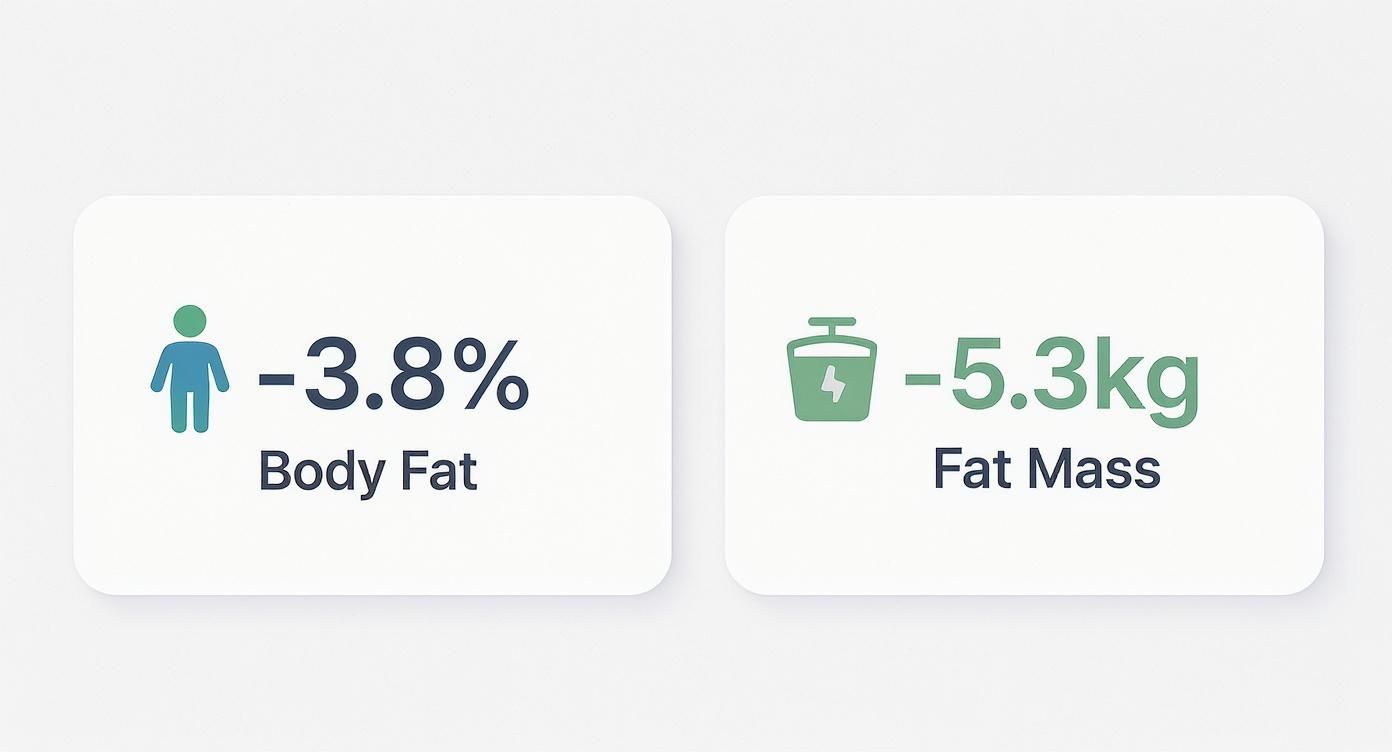 Two cards displaying significant reductions: -3.8% in body fat and -5.3kg in fat mass.