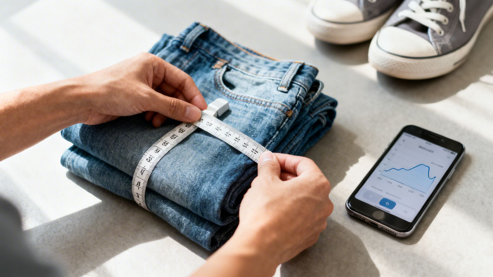 Hands using a measuring tape to measure folded blue jeans, with a phone nearby.