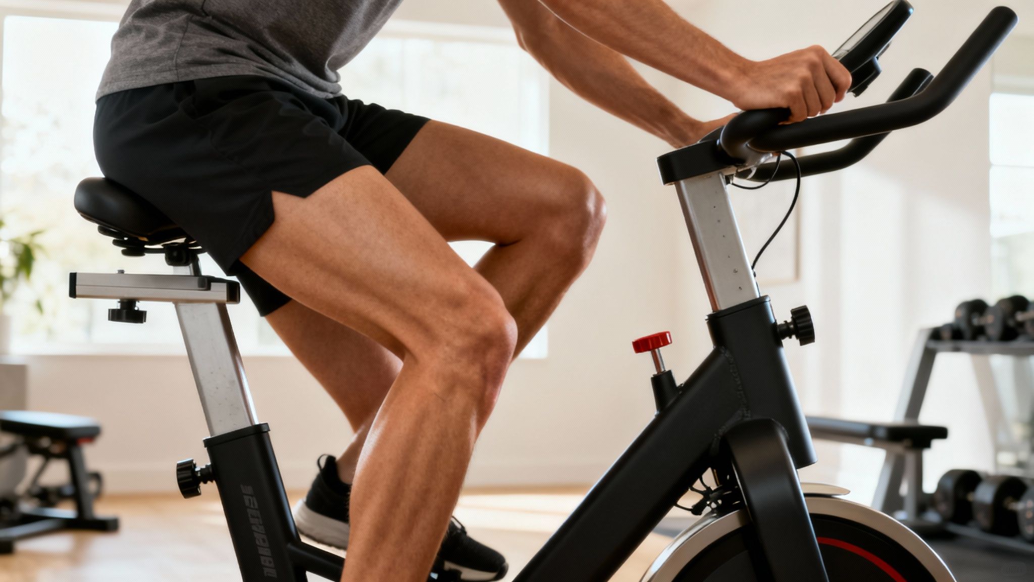Close-up of a person cycling on a stationary exercise bike in a modern home gym.