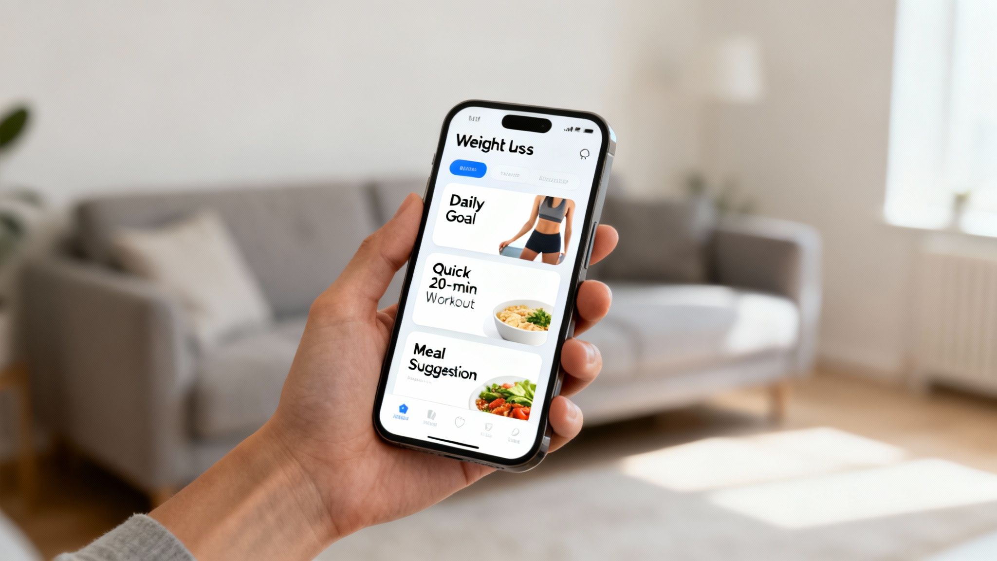 A hand holds a smartphone displaying a weight loss app with daily goals, workouts, and meal suggestions.
