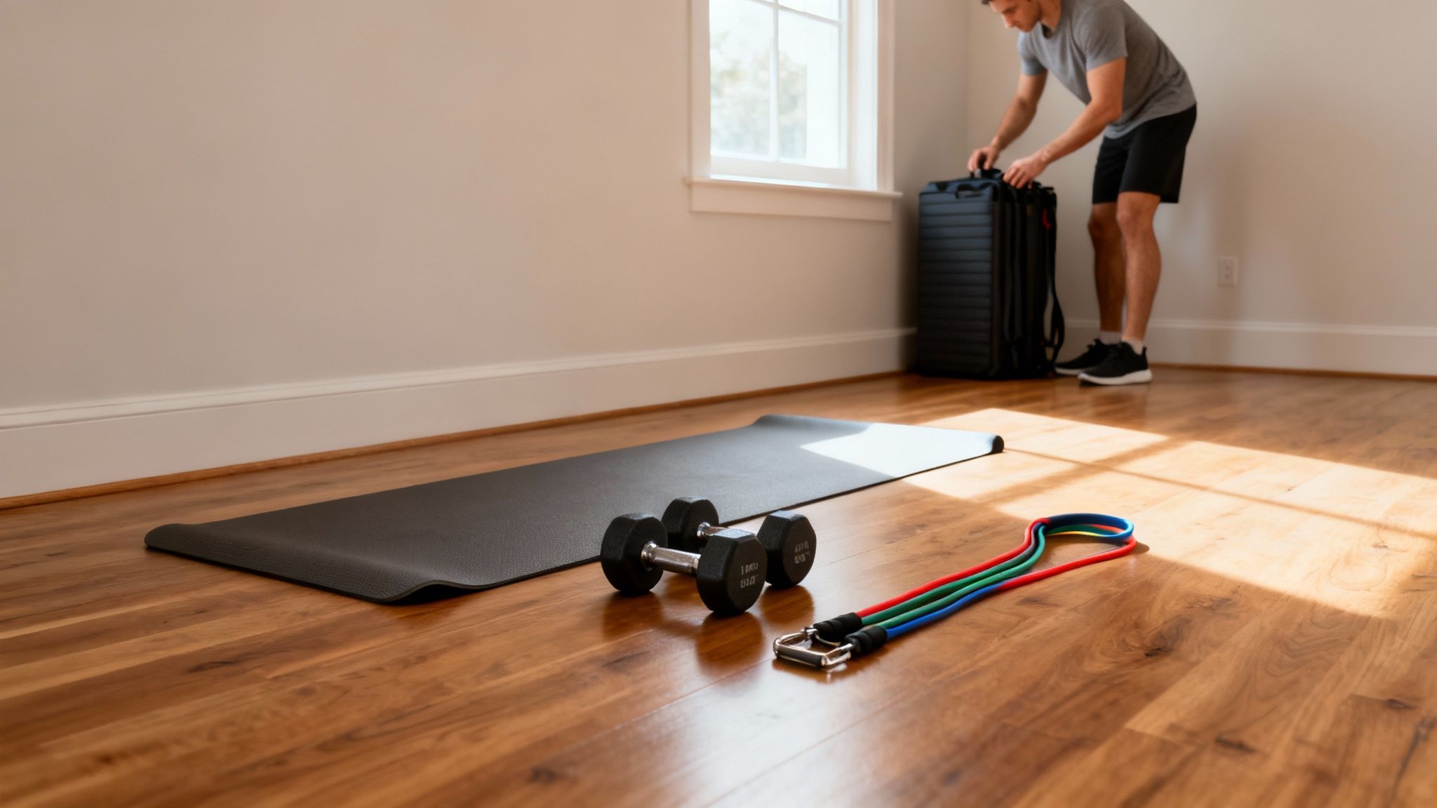 A man prepares for a home workout with dumbbells, a mat, and resistance bands on the floor.