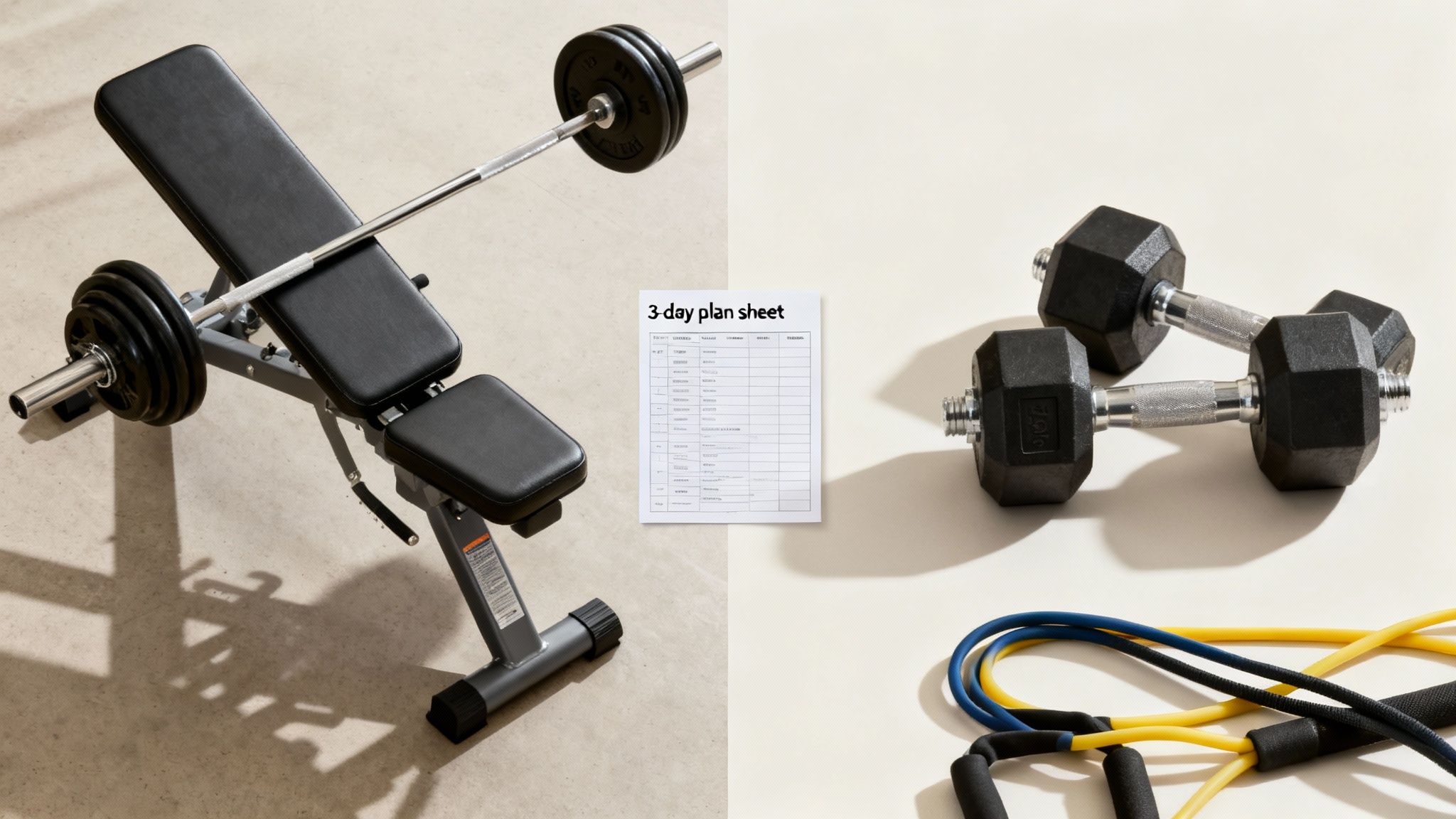 A complete home gym setup featuring a weight bench, barbell, dumbbells, resistance bands, and a 3-day workout plan.