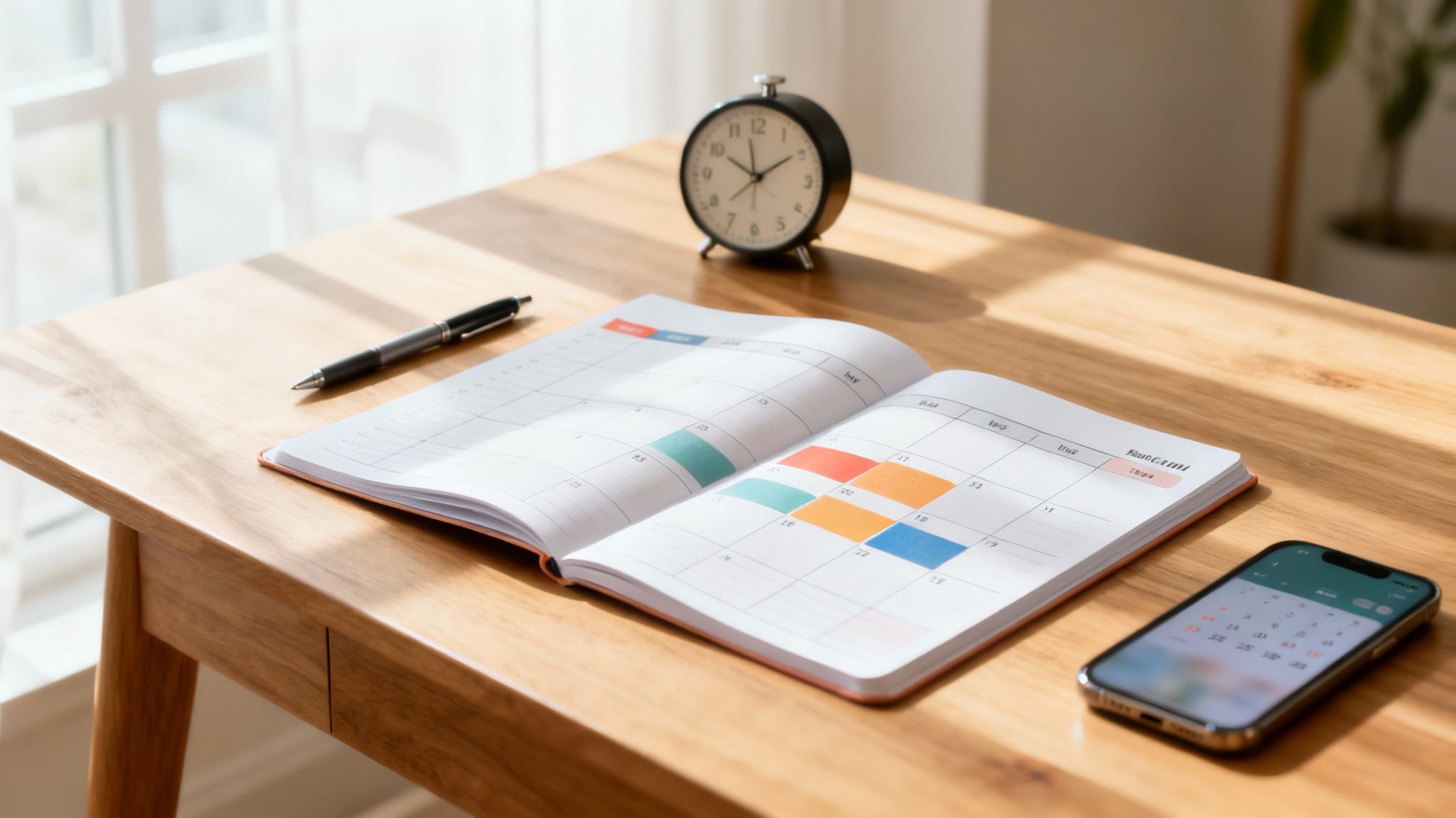 An open planner and calendar on a light wood desk, with a pen, alarm clock, and smartphone.