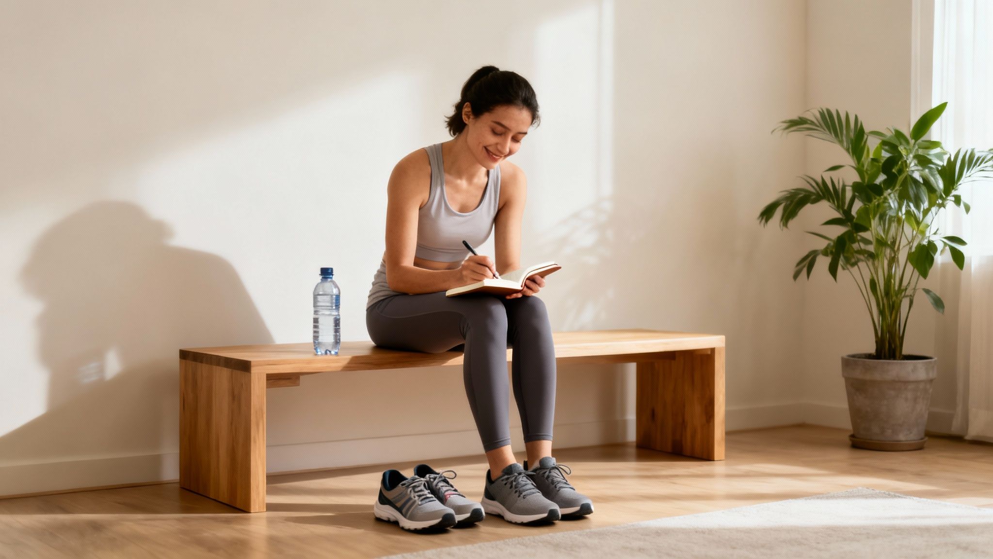 A smiling woman in workout clothes sits on a wooden bench, writing in a notebook after exercise.