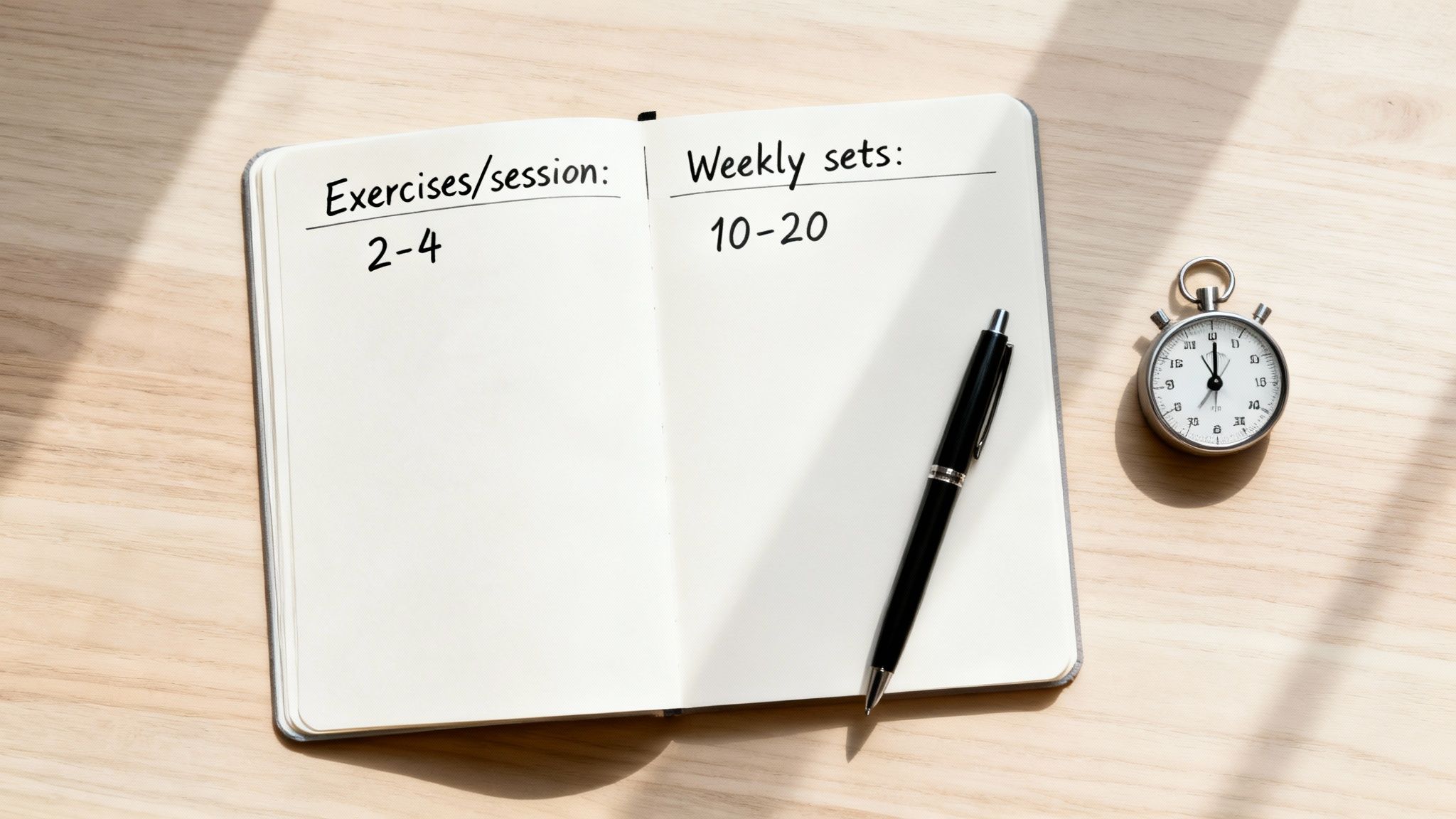 Open notebook with workout plan, showing 'Exercises/session: 2-4' and 'Weekly sets: 10-20', with a pen and stopwatch.