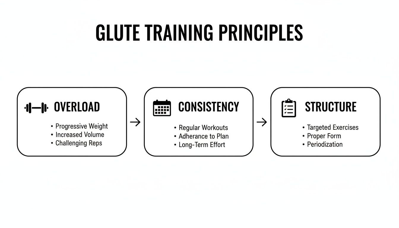 An infographic detailing glute training principles: Overload, Consistency, and Structure, with supporting bullet points.