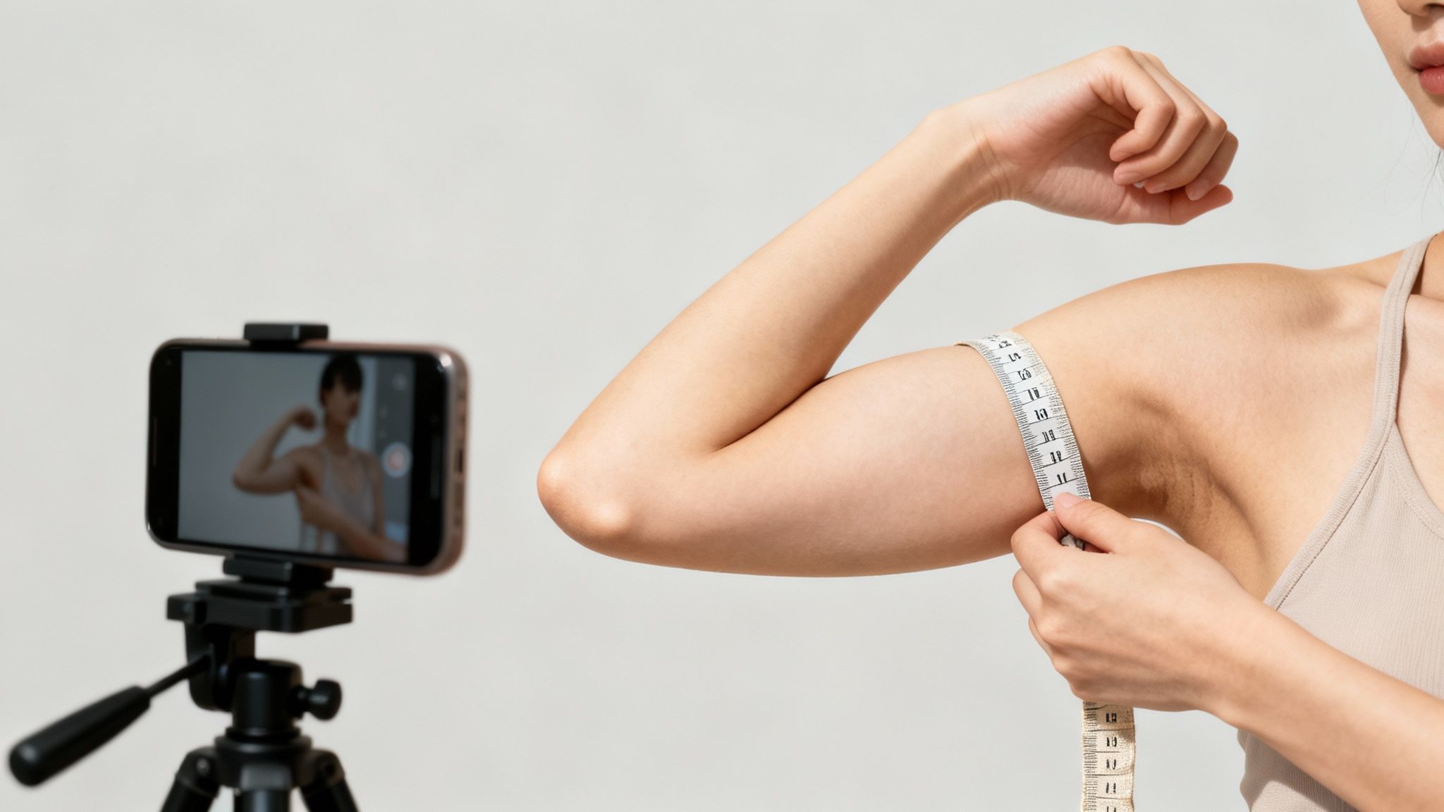 A person measures their bicep with a tape measure, recording the process on a smartphone.
