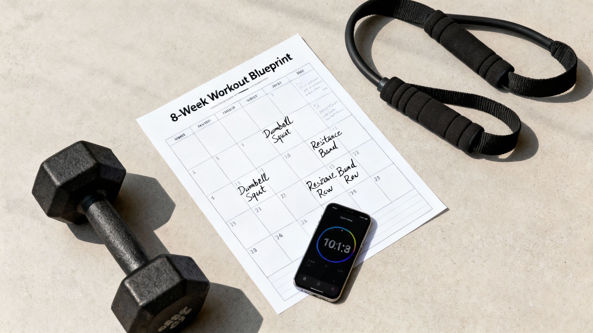 A flat lay of a workout planner, dumbbell, resistance band, and a phone with a timer.
