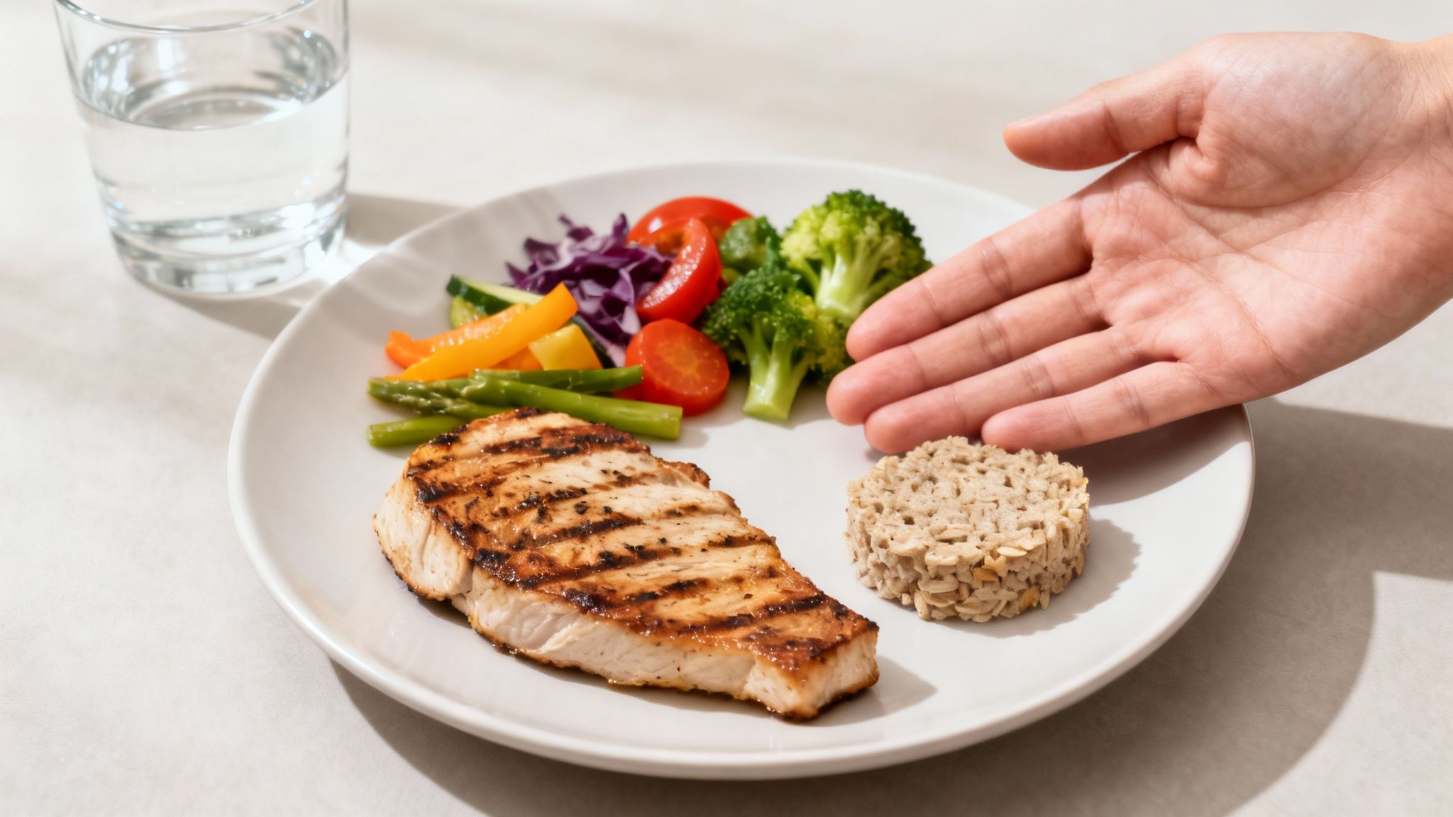 A healthy, portion-controlled meal with grilled fish, various vegetables, and grains, beside a glass of water.