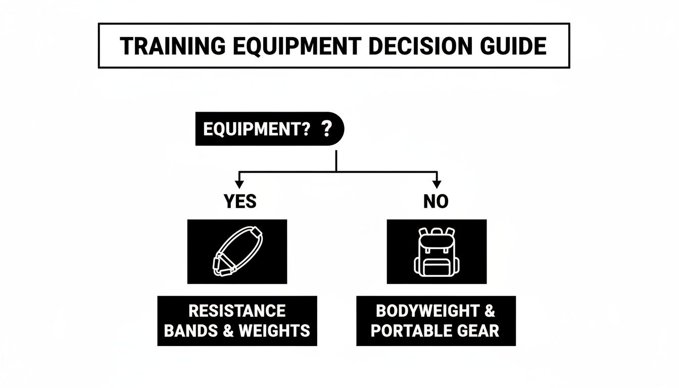 A training equipment decision guide flowchart showing options for yes (resistance bands, weights) or no (bodyweight, portable gear).