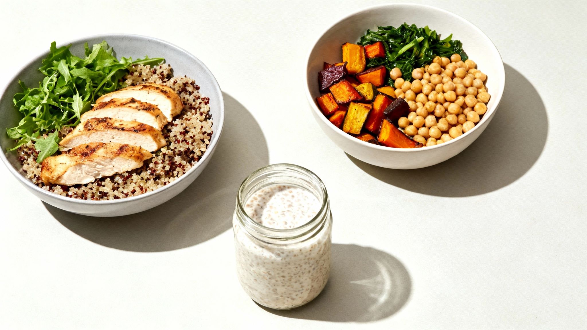 Three healthy meal prep components: a chicken quinoa bowl, a roasted vegetable and chickpea bowl, and chia pudding.