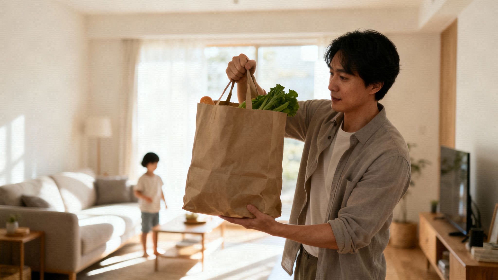 A man holds a grocery bag filled with fresh vegetables in a bright living room, with a child in the background.