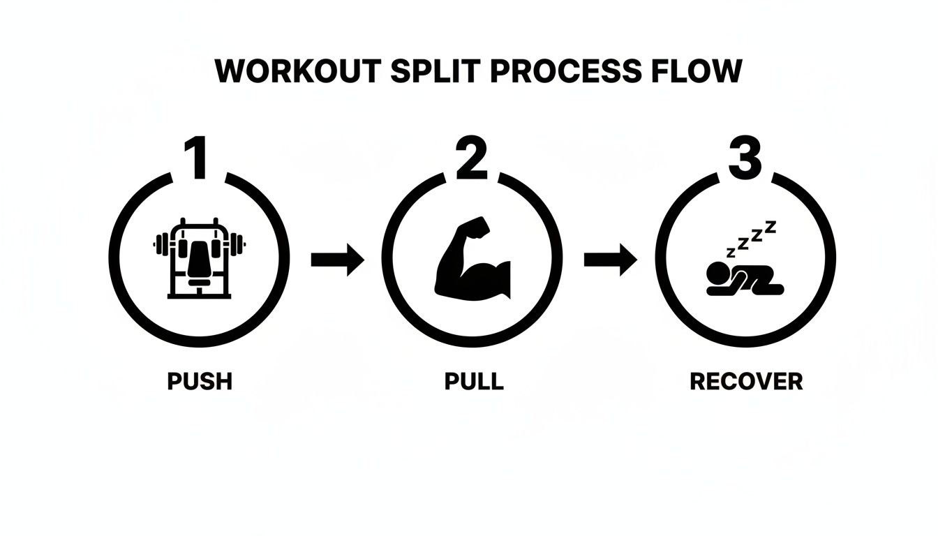 A workflow diagram illustrating a push, pull, and recover workout split process with icons.
