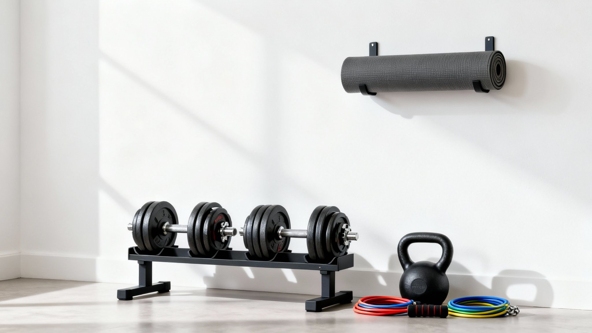 Fitness equipment in a bright room with a yoga mat, dumbbells, kettlebell, and resistance bands.