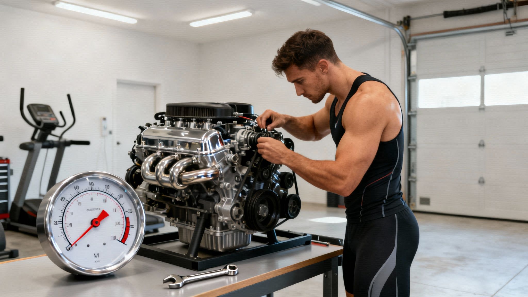 A muscular man in athletic wear working on a shiny car engine in a workshop.