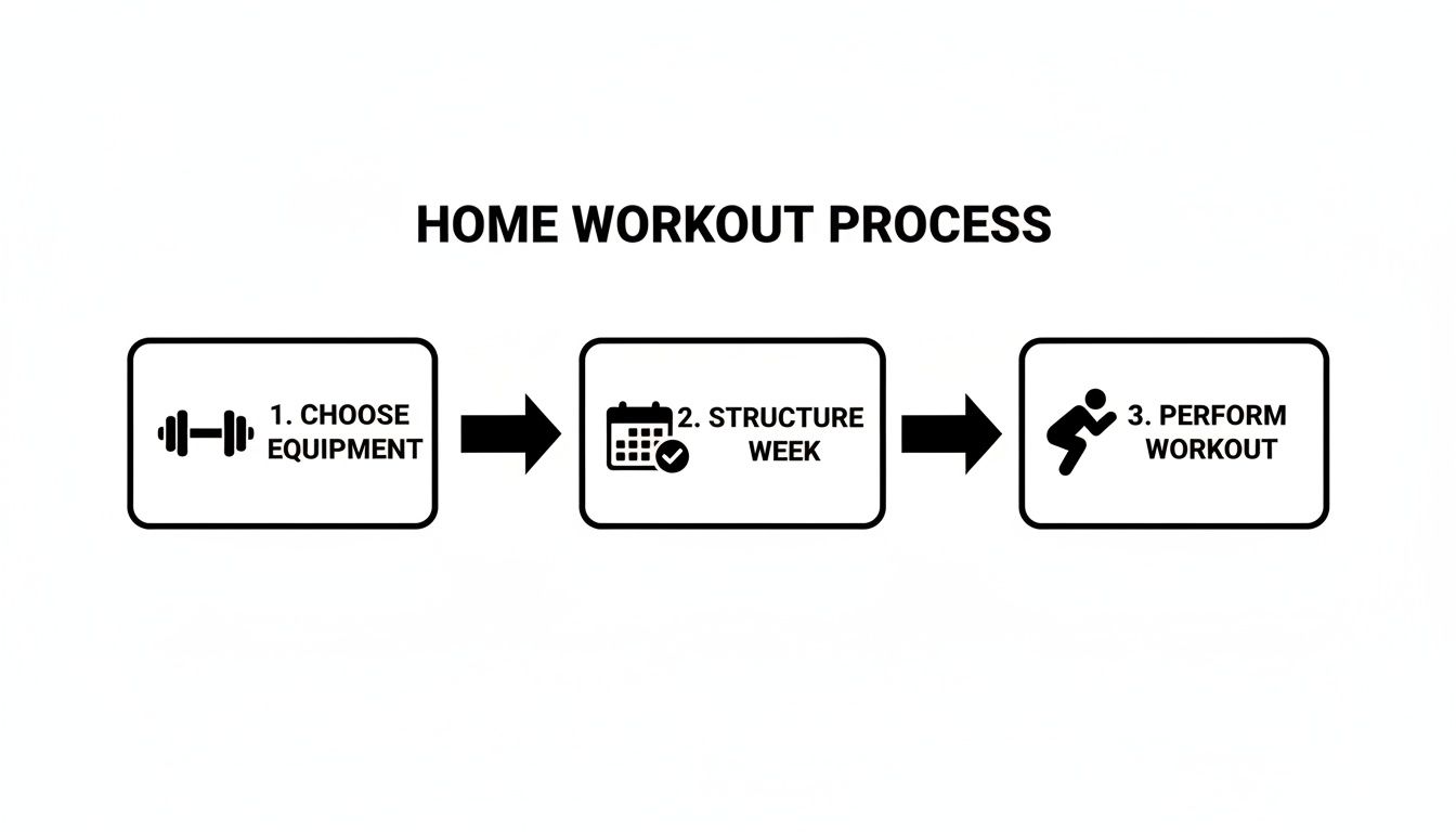 Flowchart showing a home workout process in three steps: choose equipment, structure week, and perform workout.