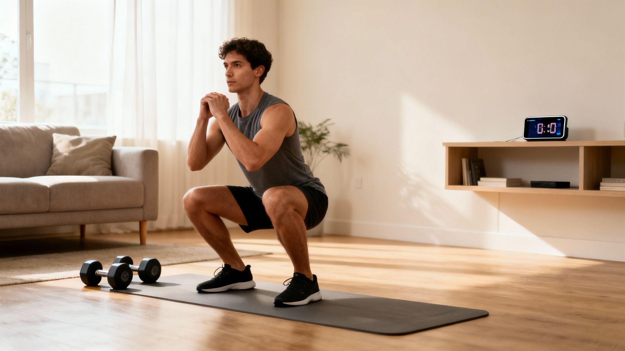Young man performing squats on a mat at home, with dumbbells nearby, focused on fitness.
