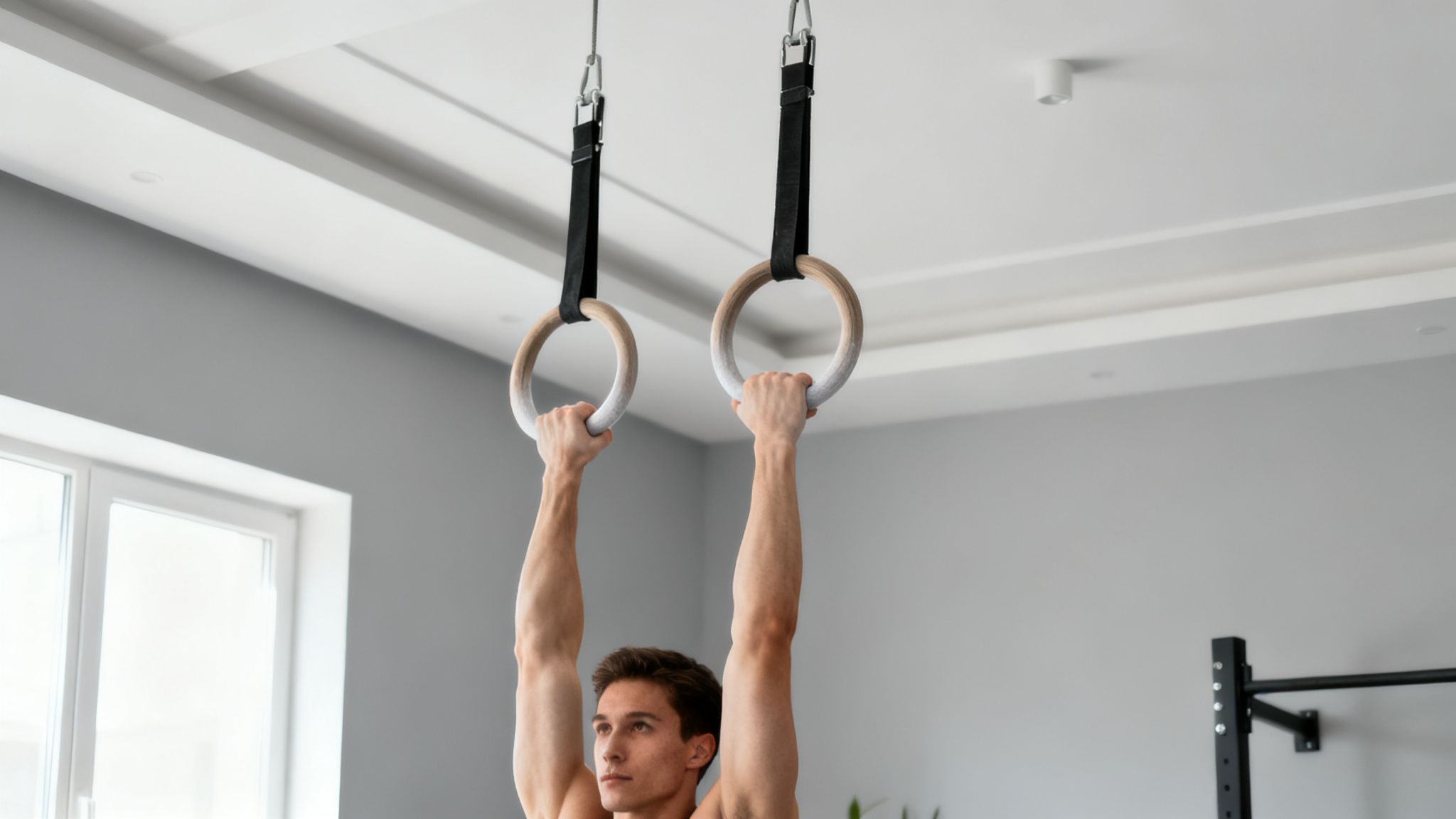 A fit young man with strong arms holding wooden gymnastic rings, ready to exercise.