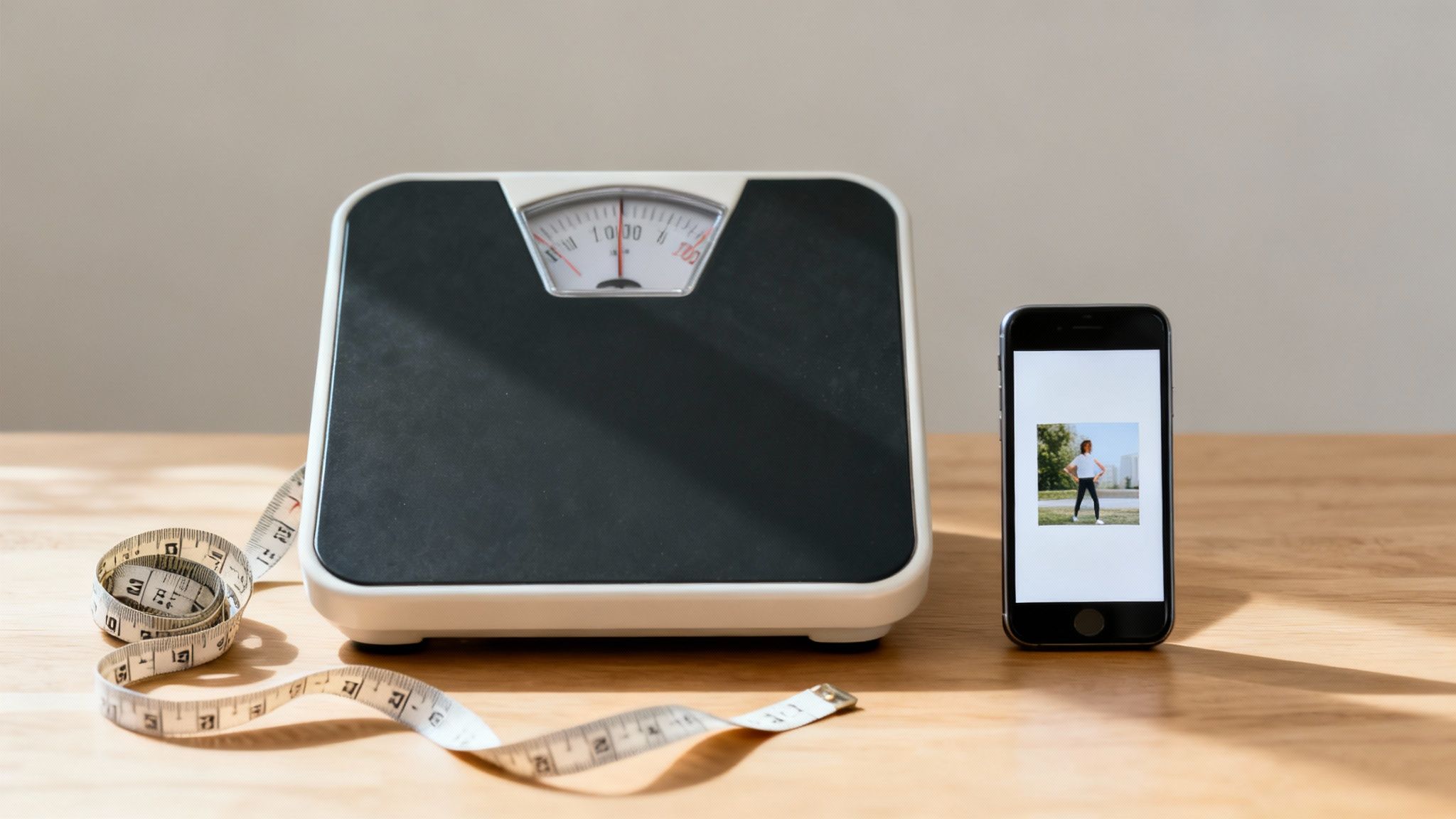 A weight scale, measuring tape, and a smartphone showing a fit woman on a wooden table.