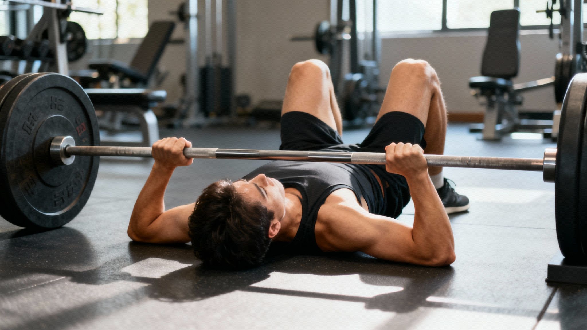 Young man performing a floor press with a barbell and weights in a gym.