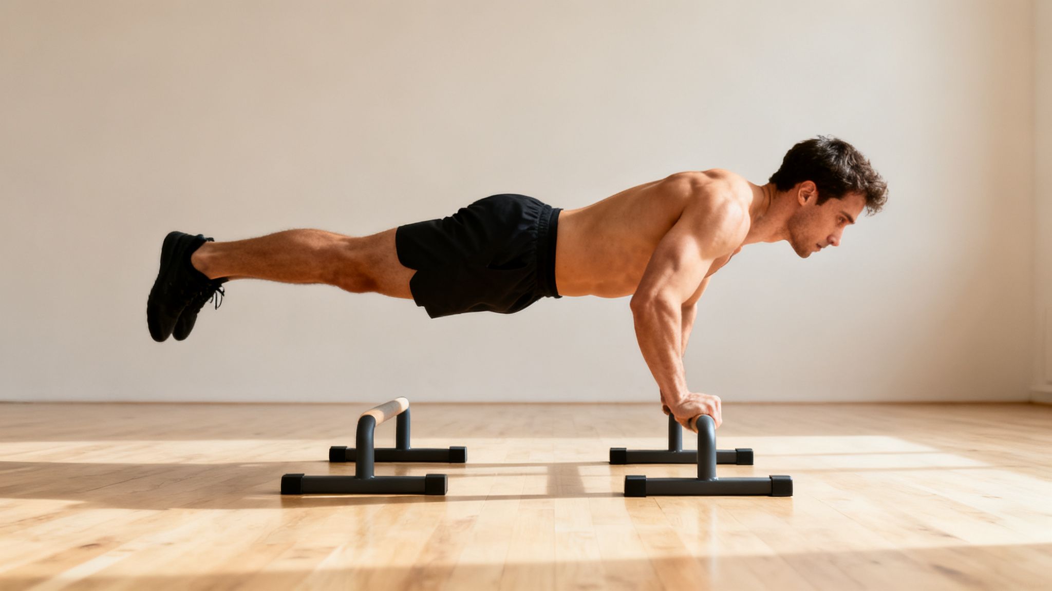 A strong man performs a challenging bodyweight plank hold on parallel bars indoors.