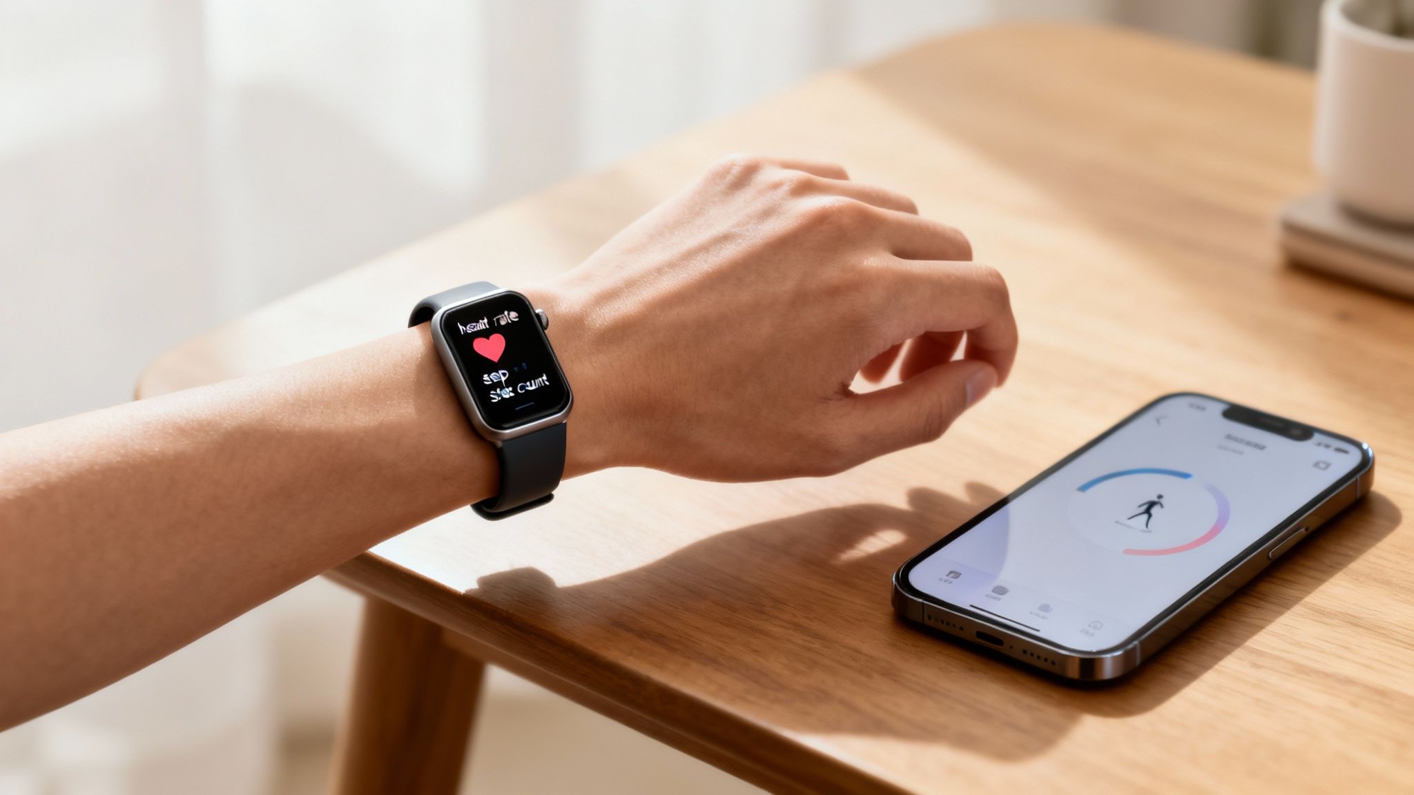 A person's wrist with a smartwatch displaying heart rate and step count, next to a smartphone fitness app.
