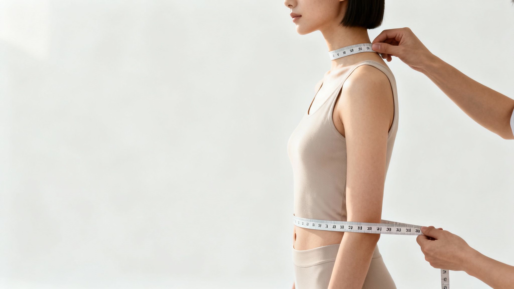 A person's neck and waist are being measured with a white tape measure.