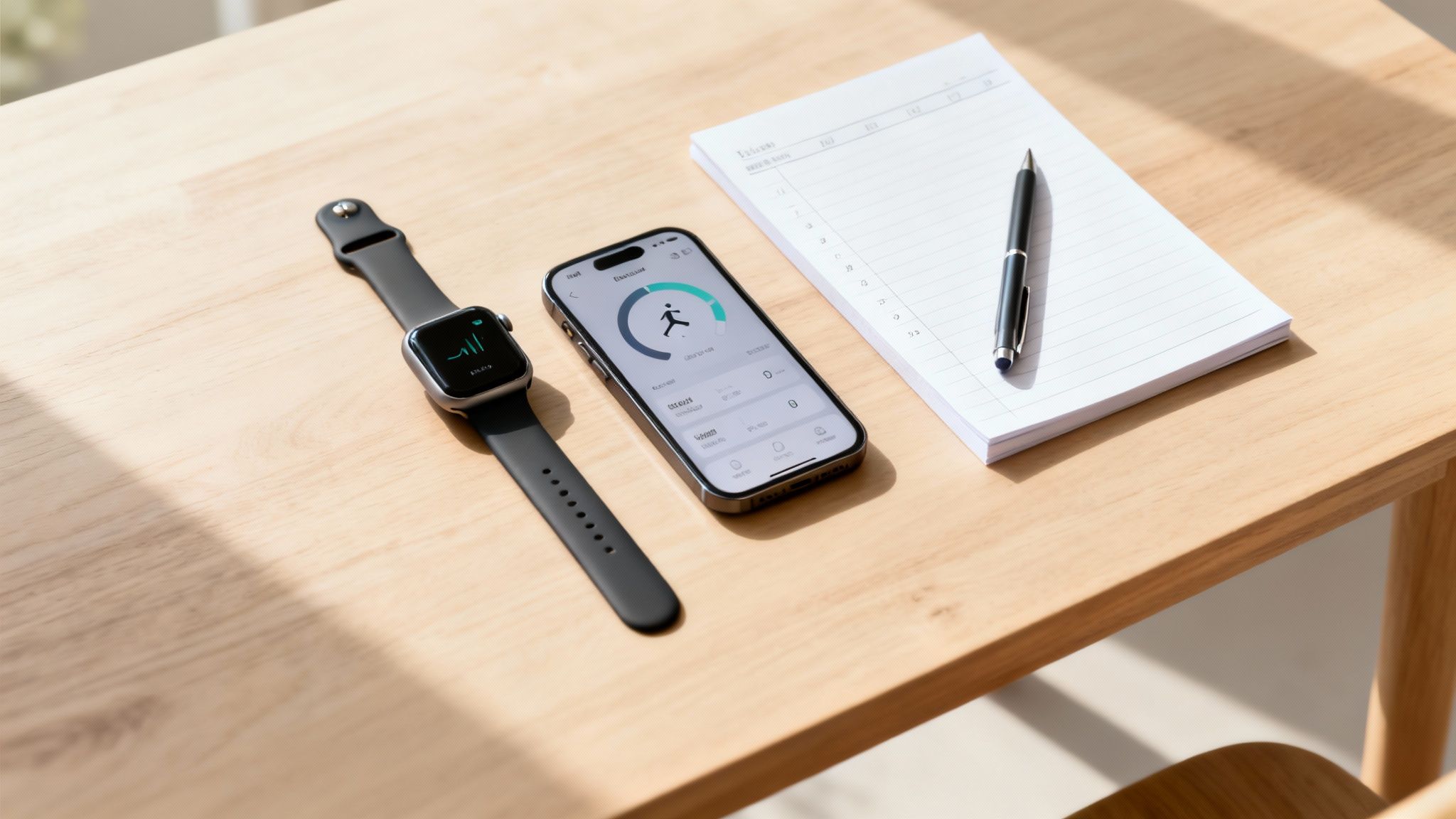 An Apple Watch, iPhone with a fitness app, notepad, and pen on a wooden table, symbolizing health tracking.