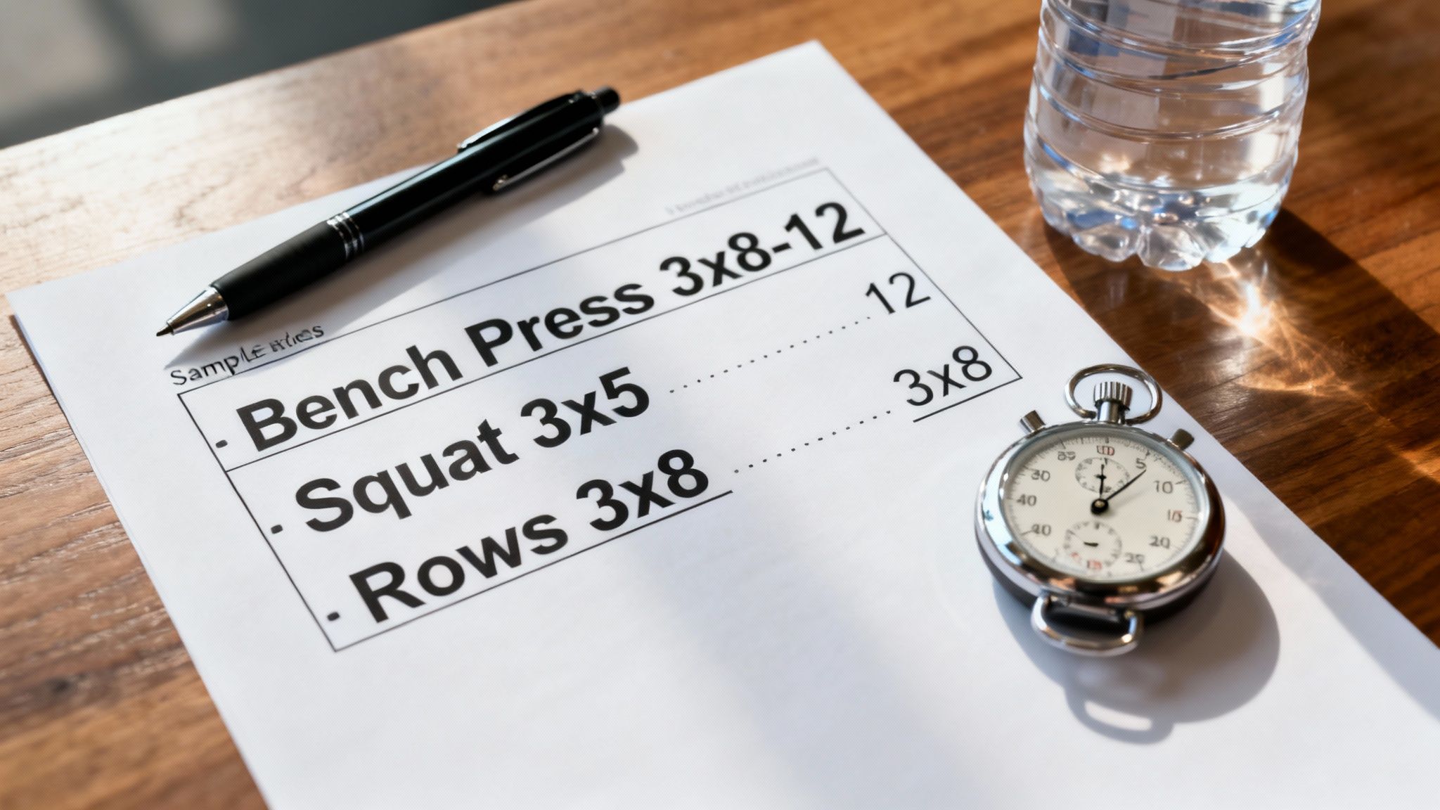 A workout plan sheet with exercises, a pen, stopwatch, and water bottle on a wooden table.