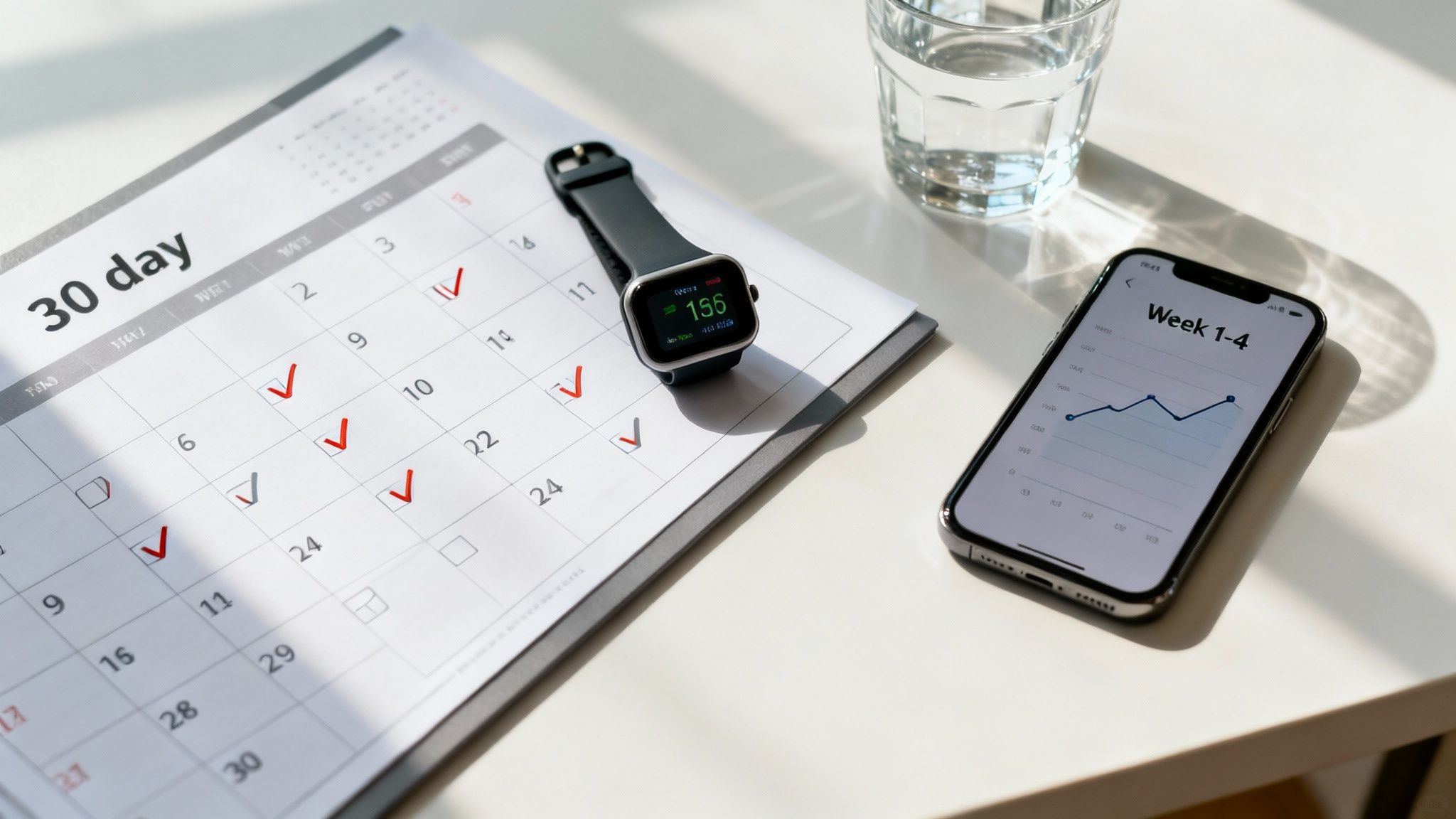 A calendar, smartwatch, and smartphone on a desk, tracking fitness progress with checkmarks and graphs.