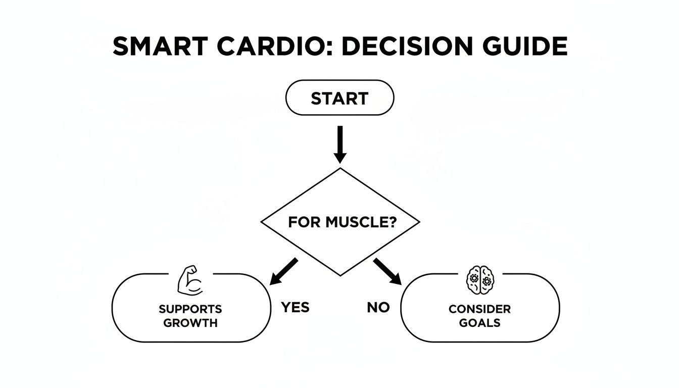 A flowchart titled 'SMART CARDIO: DECISION GUIDE' asks 'FOR MUSCLE?'. Yes leads to 'SUPPORTS GROWTH', no leads to 'CONSIDER GOALS'.