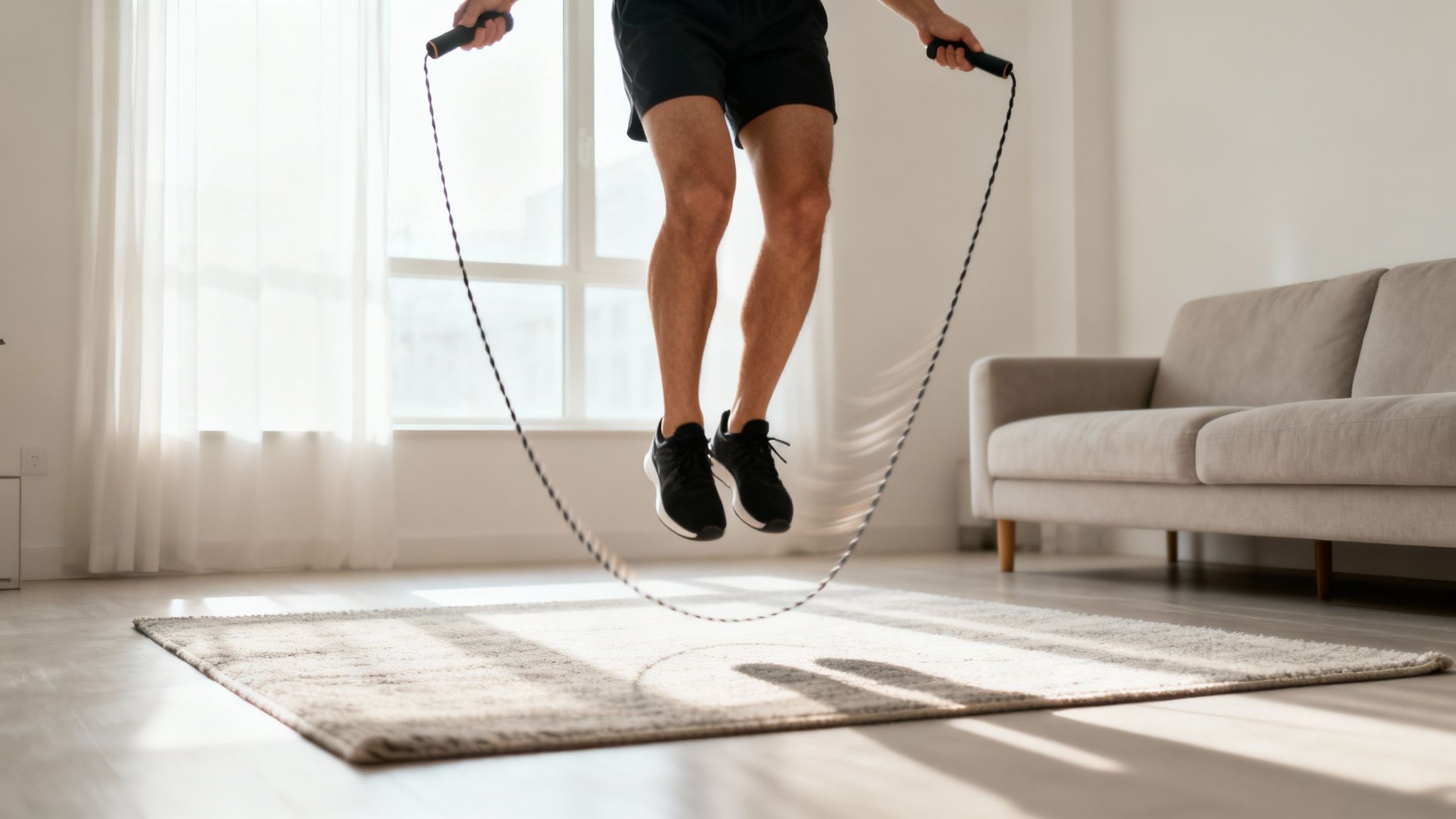 A person is jumping rope indoors on a light-colored rug, wearing black shorts and sneakers.