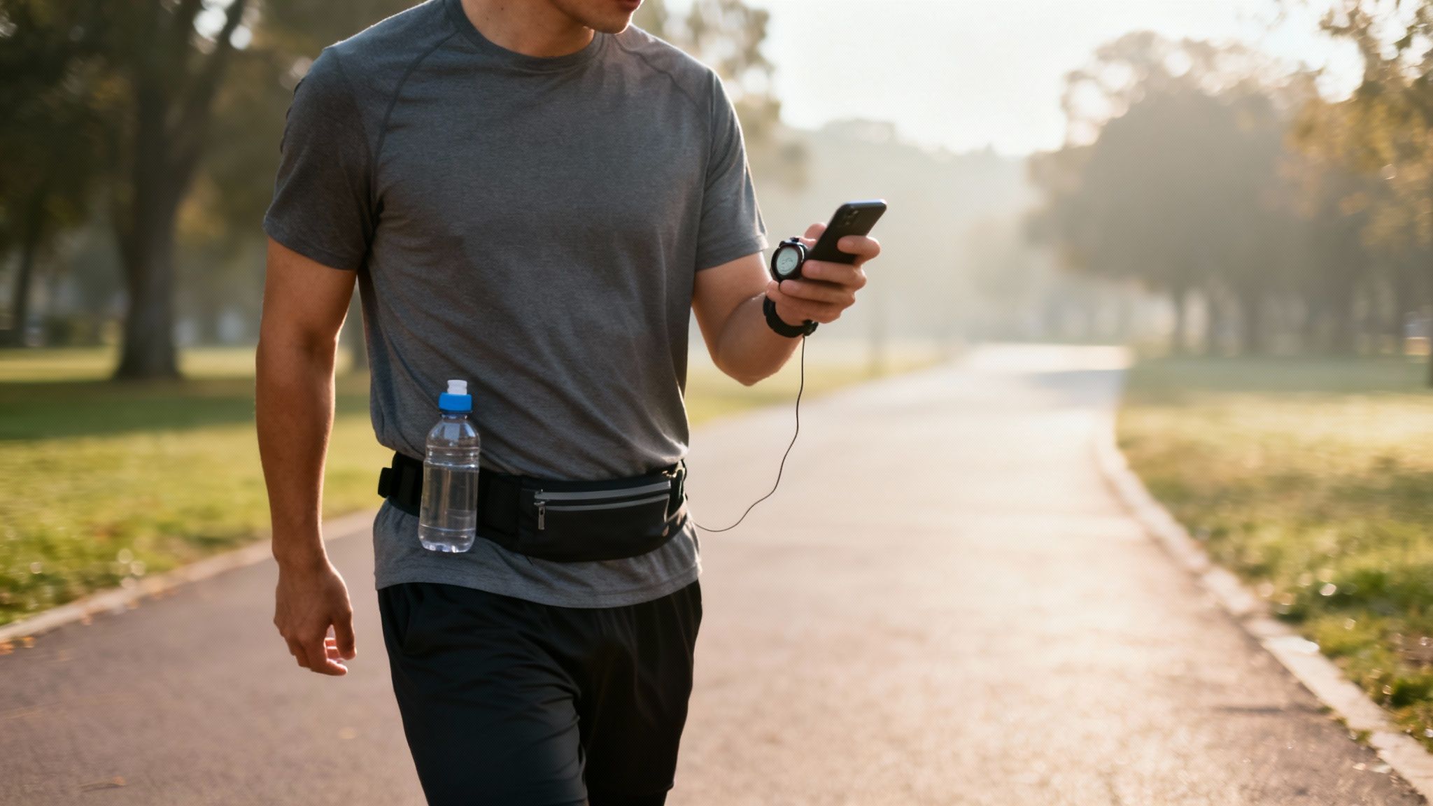 Man in athletic wear walking outdoors, looking at his phone with a water bottle on his hip.
