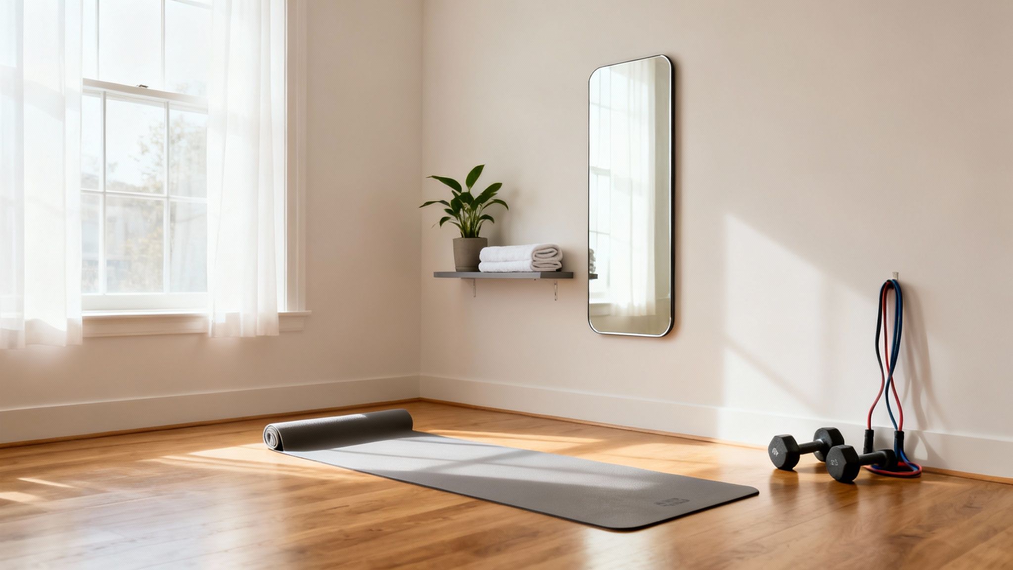 A bright home workout space with a yoga mat, dumbbells, mirror, and natural light from a window.