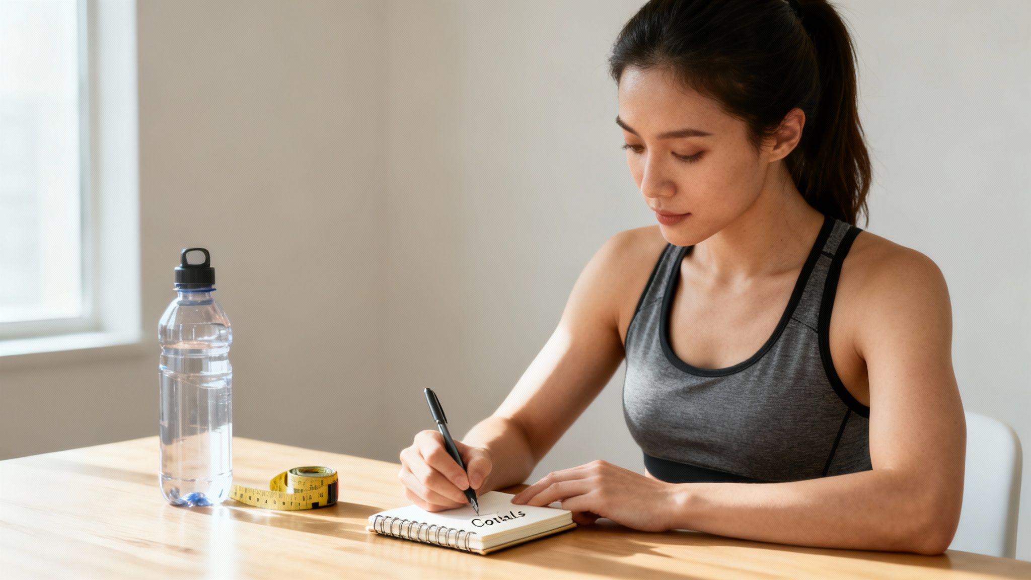 A young woman in sportswear writes fitness goals in a notebook, with a water bottle and measuring tape.