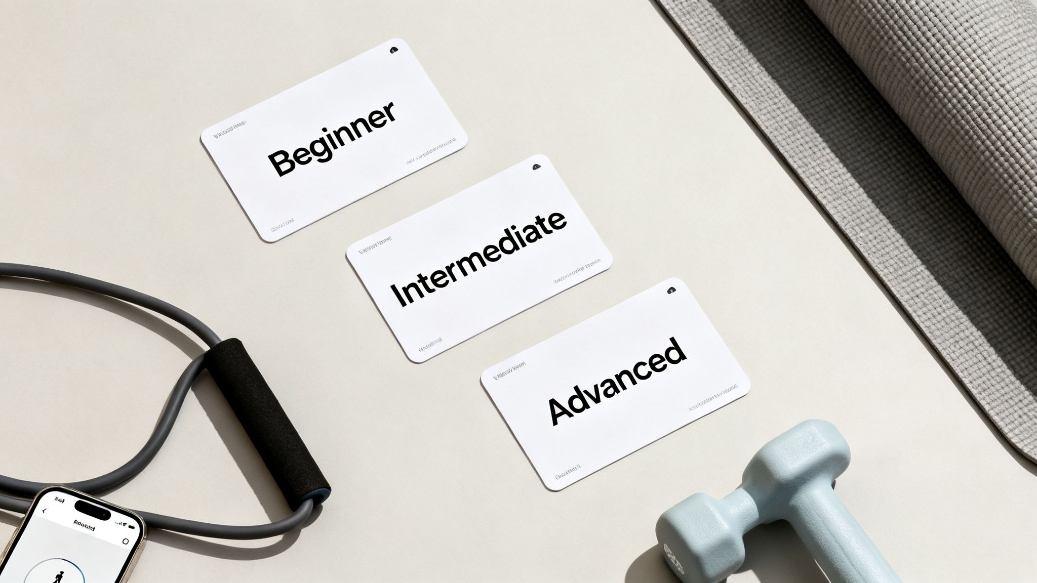 Fitness equipment laid out, including beginner, intermediate, and advanced cards, resistance band, and dumbbell.