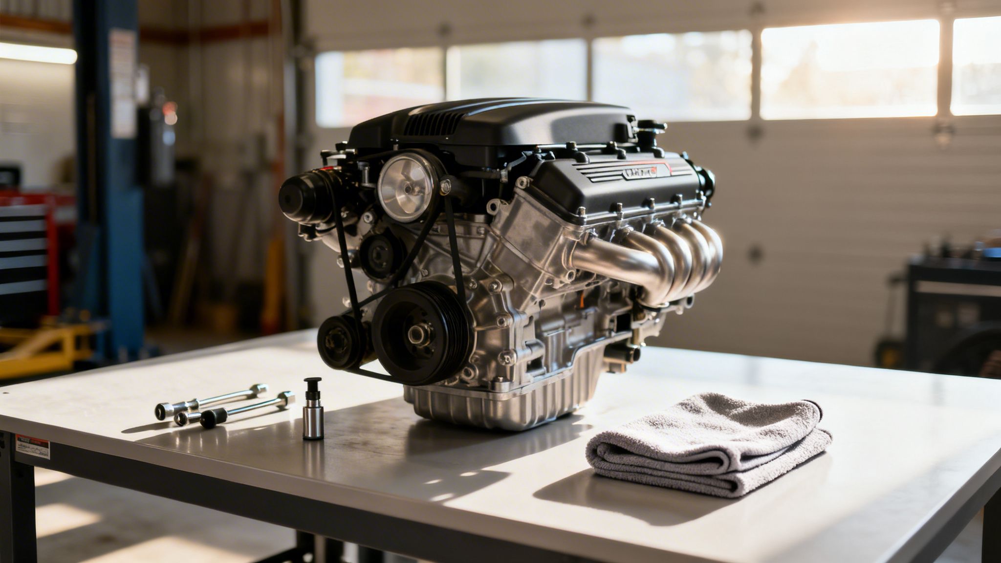 A sophisticated automotive engine displayed on a workbench with tools in a sunlit workshop.