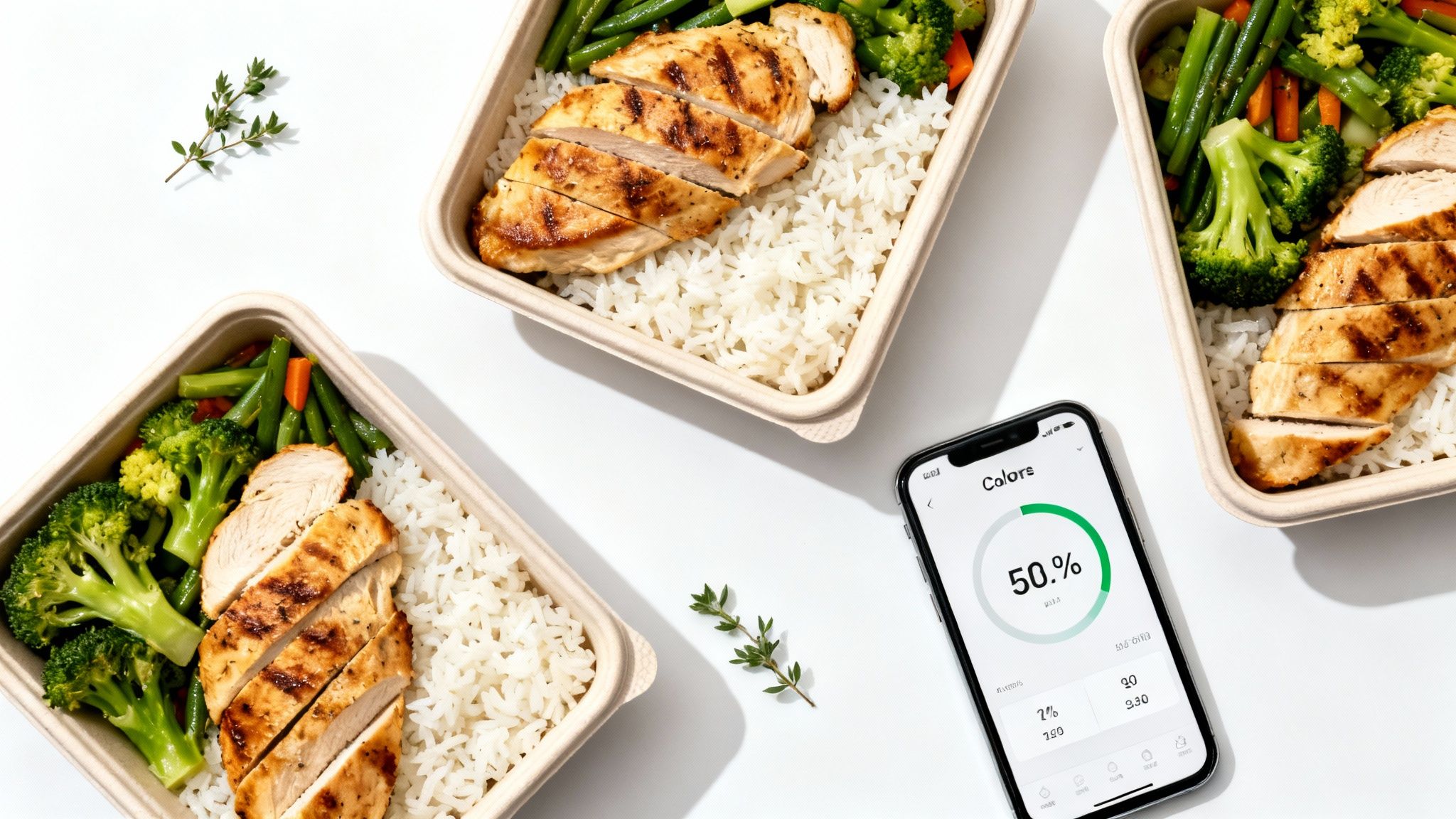 Three healthy meal prep containers with grilled chicken, rice, vegetables, and a nutrition tracking app.