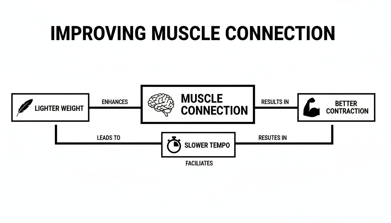 Flowchart explaining how lighter weight and slower tempo enhance muscle connection for better contraction.