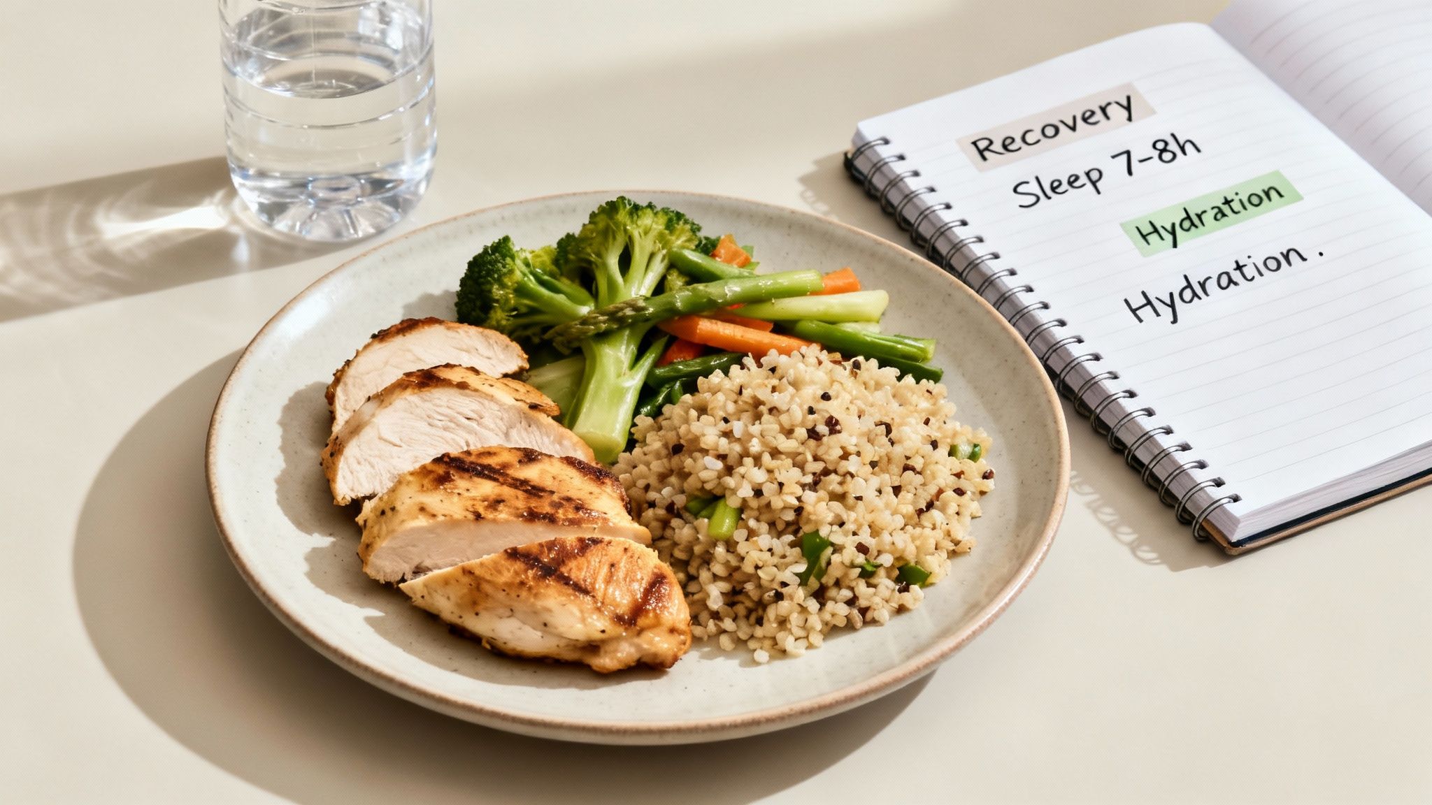 A plate of grilled chicken, steamed vegetables, grain salad, water, and a notebook with wellness tips.