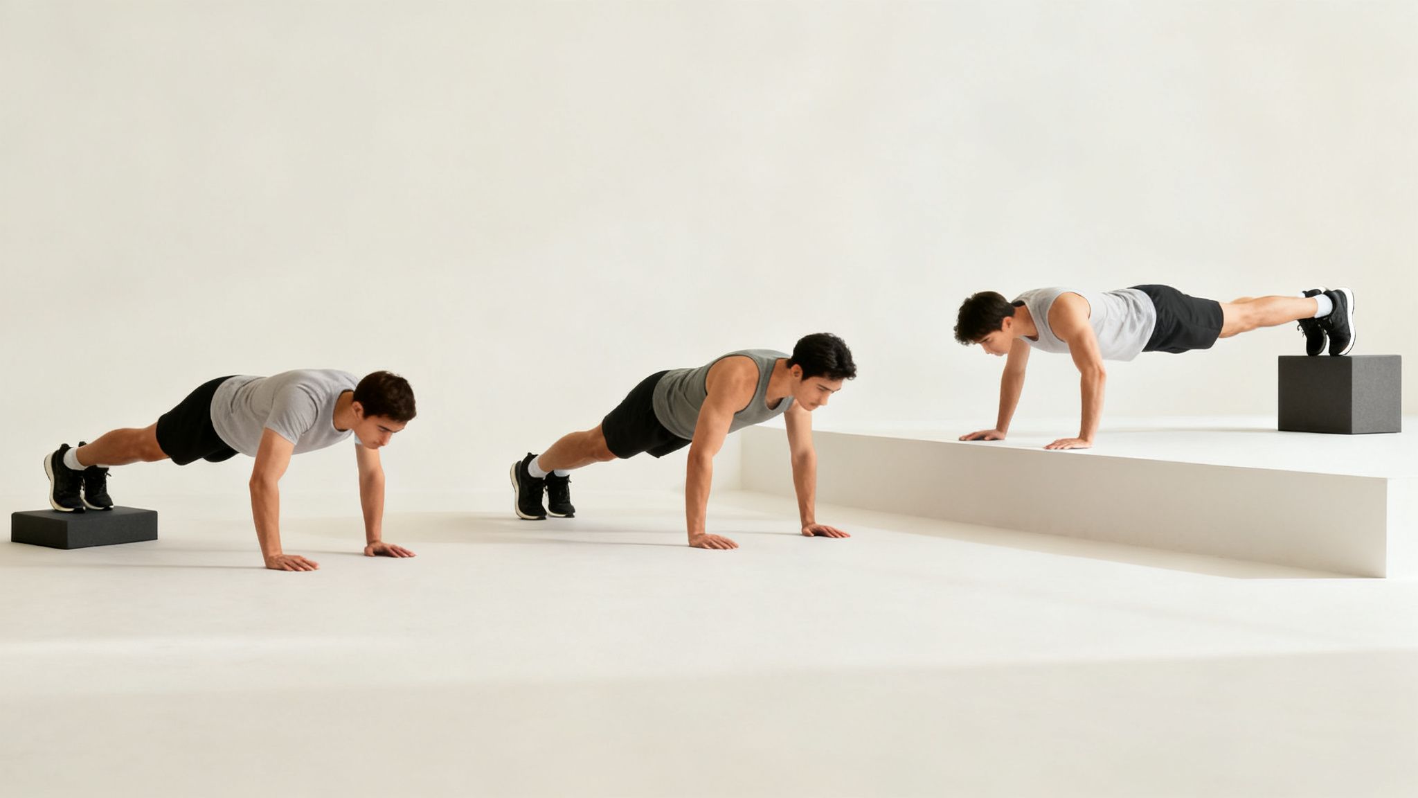 Three men demonstrating push-up variations: decline, standard, and incline, on a white background.