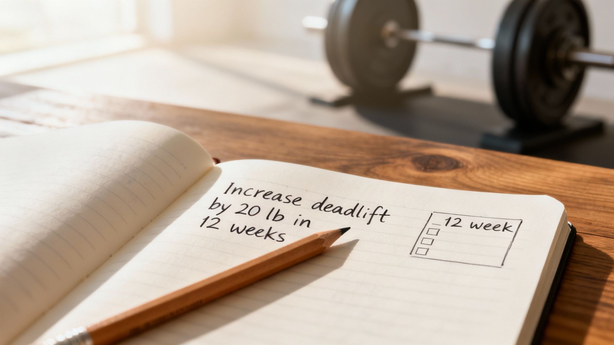 A notebook with a fitness goal to increase deadlift by 20 lb in 12 weeks, with a checklist and a pencil.