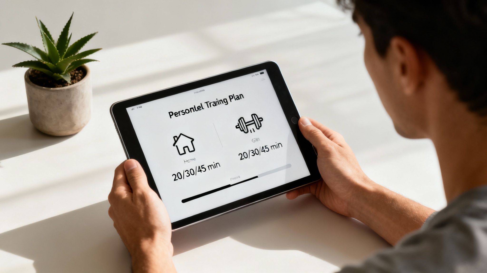 Person holding a tablet displaying a personalized training plan with home and gym workout options.